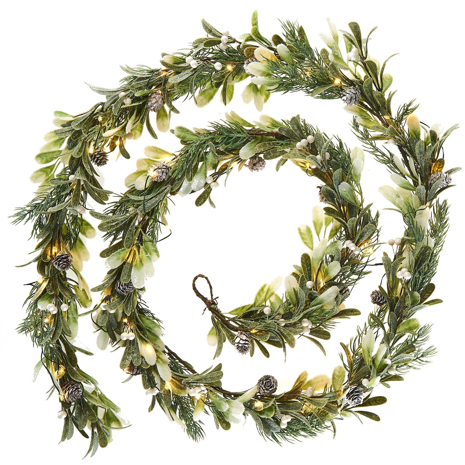 WeRChristmas Pre-Lit Frosted Mistletoe Garland, 55 Warm White LED Lights