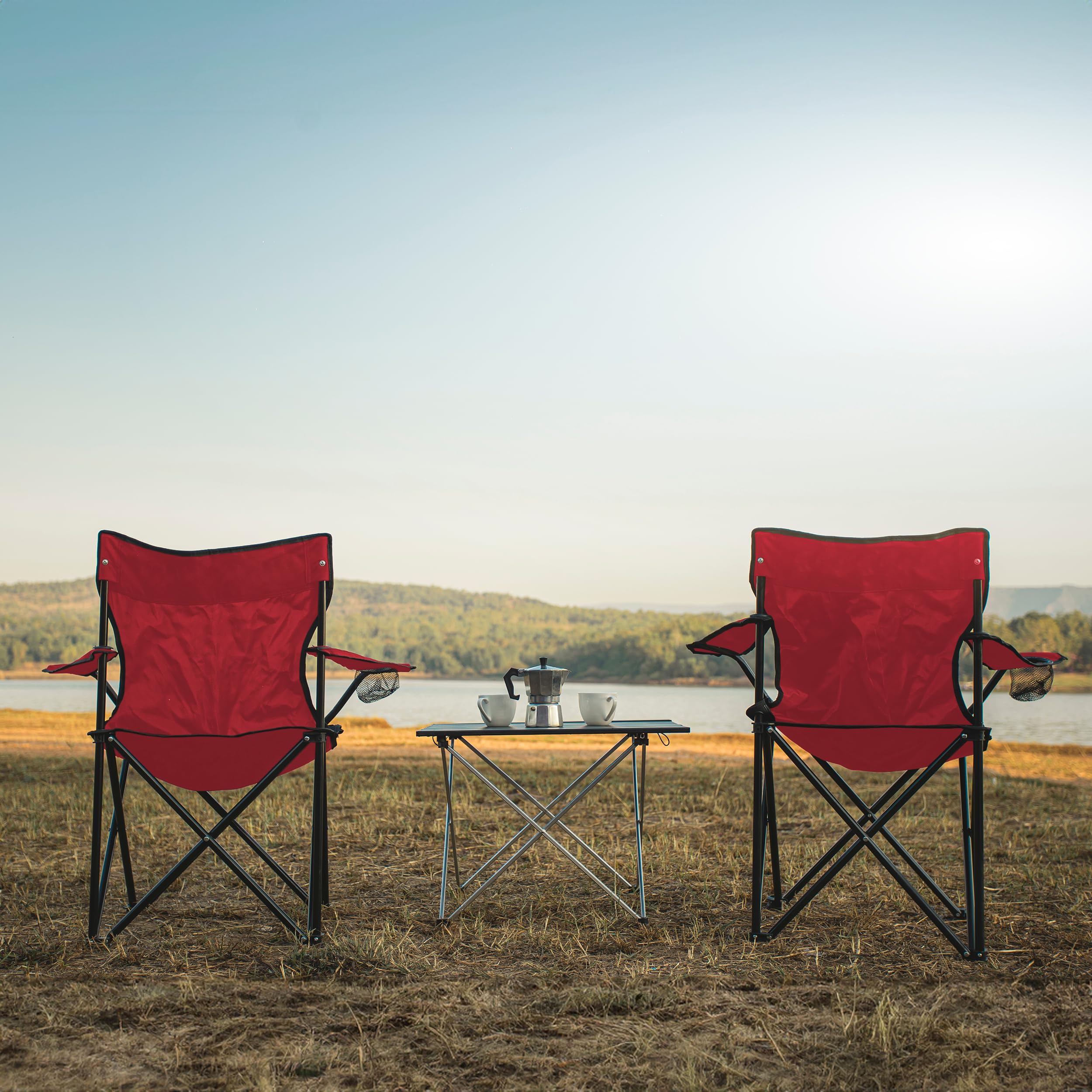 BESCH Set de 2 Sillas Plegable para Camping de Acero con Portavaso 45x45x80cm Carga Máxima 110Kg - Silla para Exterior, Picnic, Jardín y Pesca (Rojo)