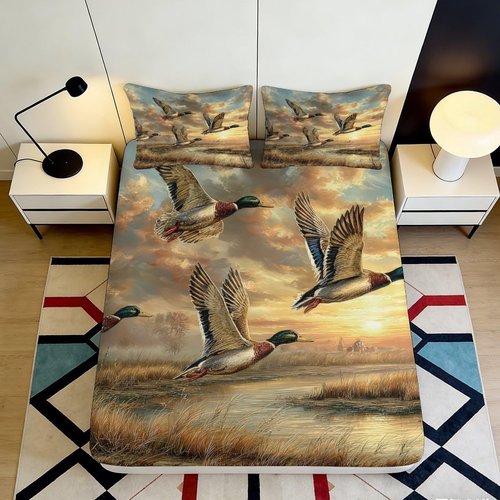 Pnayamiorkfel Style-3 3D Printed Flying Mallard Ducks Fitted Sheet Microfiber Artistic Sunset Bed Cover For Bedroom Dorm Mattress Decor 90X200x25cm
