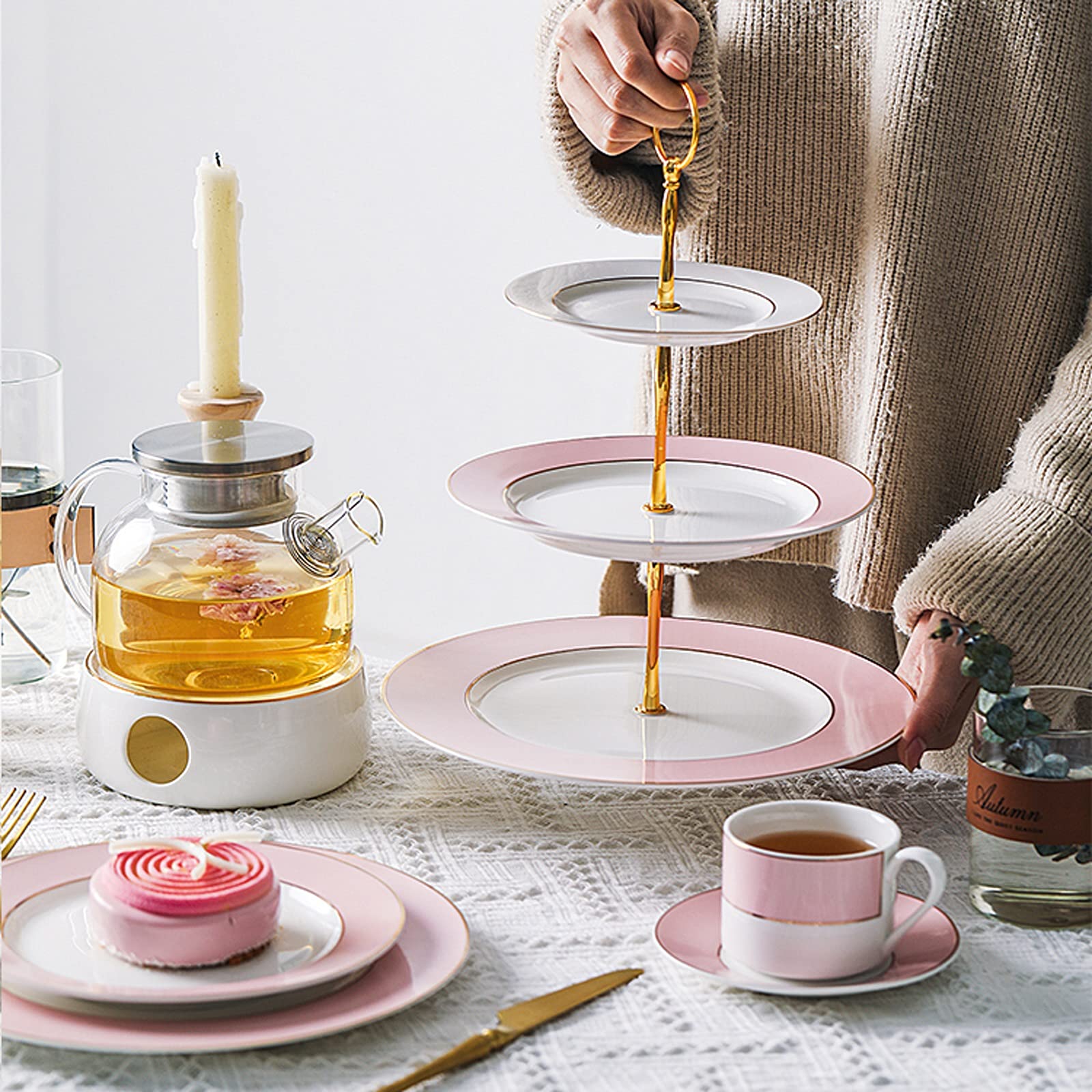 Présentoir à Gâteau Tableau de gâteau en céramique à 3 couches avec poignées multi-couleurs Détachables de gâteau de gâteau Table de dessert for mariages, banquets, anniversaires Support à Gâteau ( Co