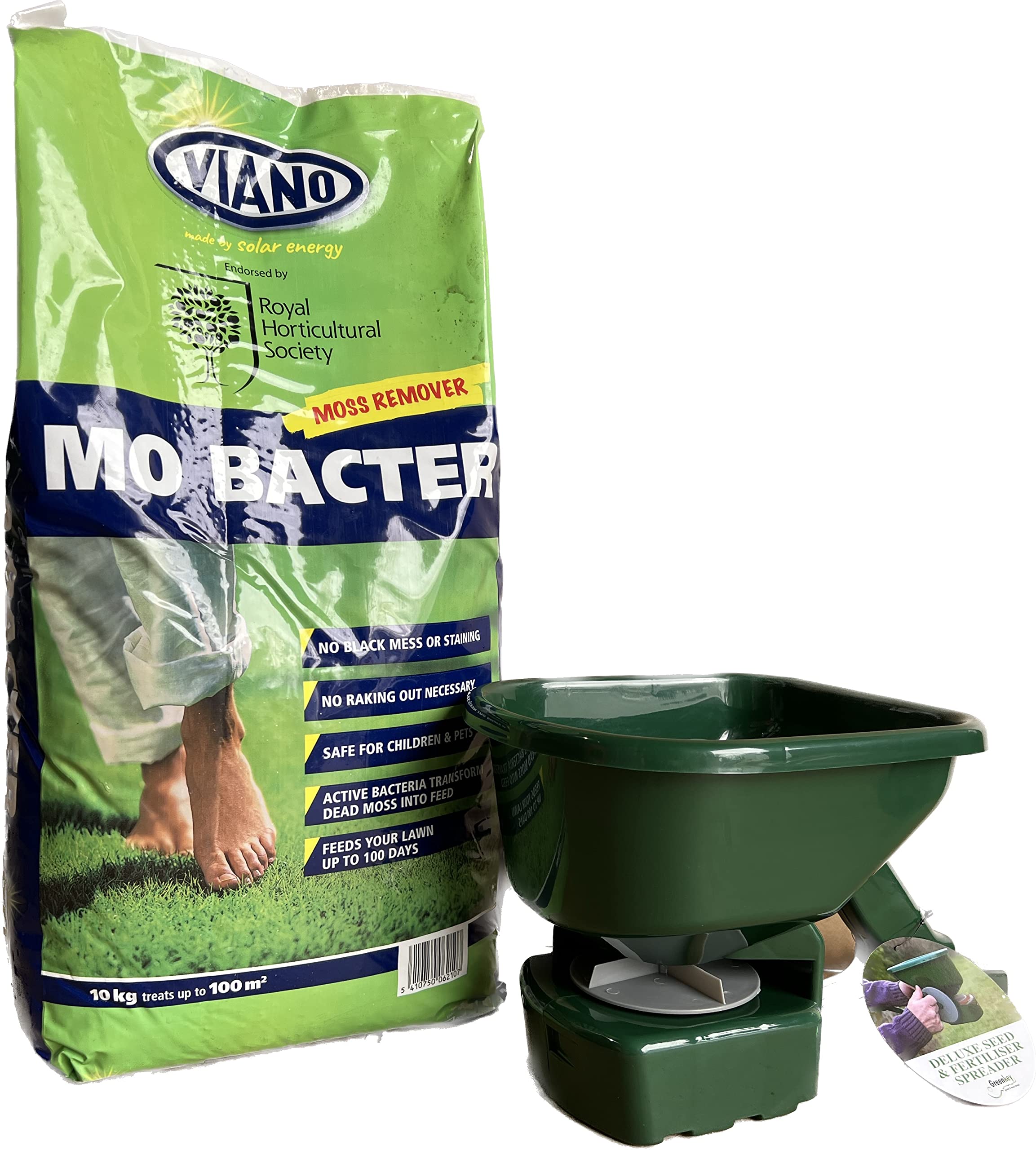 RHS Endorsed Mo Bacter Lawn Moss Treatment/Fertiliser 10kg with Deluxe Hand Spreader