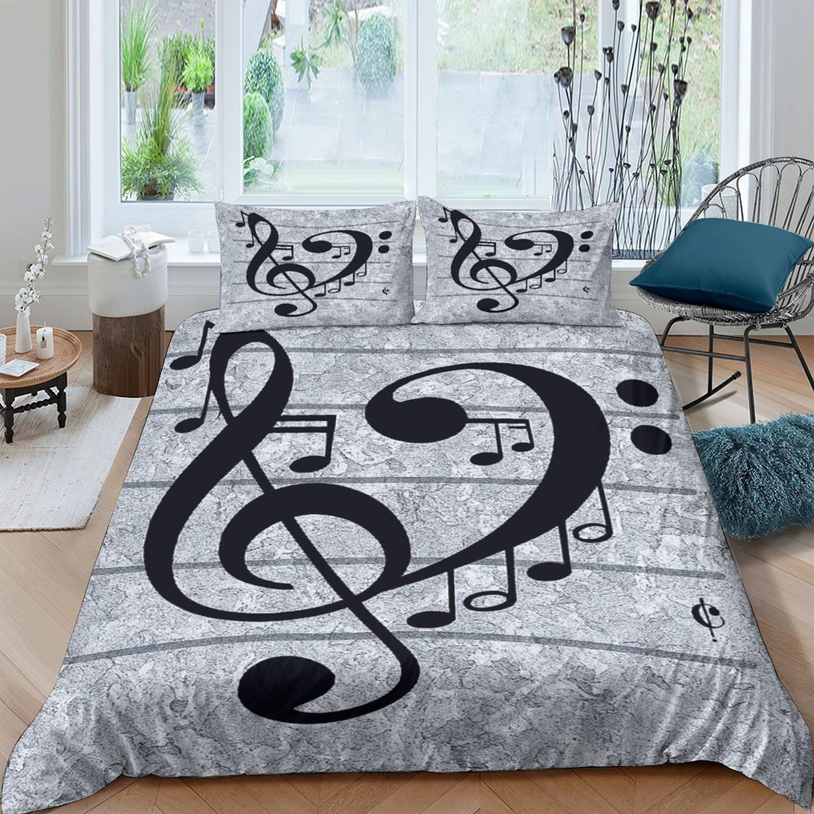 Ctjqhvkz Style-1 3D Printed Musical Notes Fitted Sheet Microfiber Soft Black White Treble Clef Bed Cover For Bedroom Guest Room Single（135X200cm）