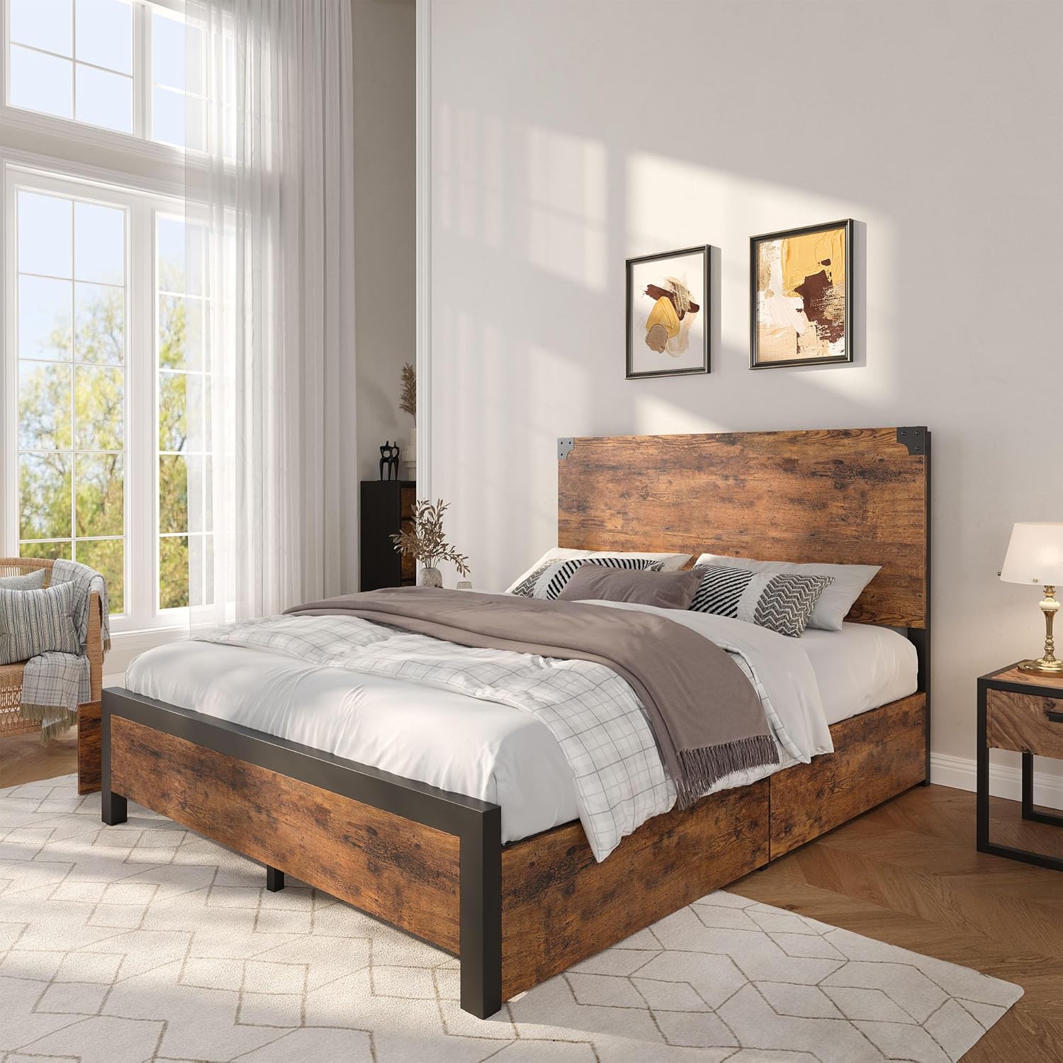 CABIHOME Queen Bed Frame with Storage, 4 Drawers and Heavy Duty Strong Metal Support Bed Frame Queen Size with Wooden Headboard, Noise Free, No Box Spring Needed, Easy Assembly, Vintage