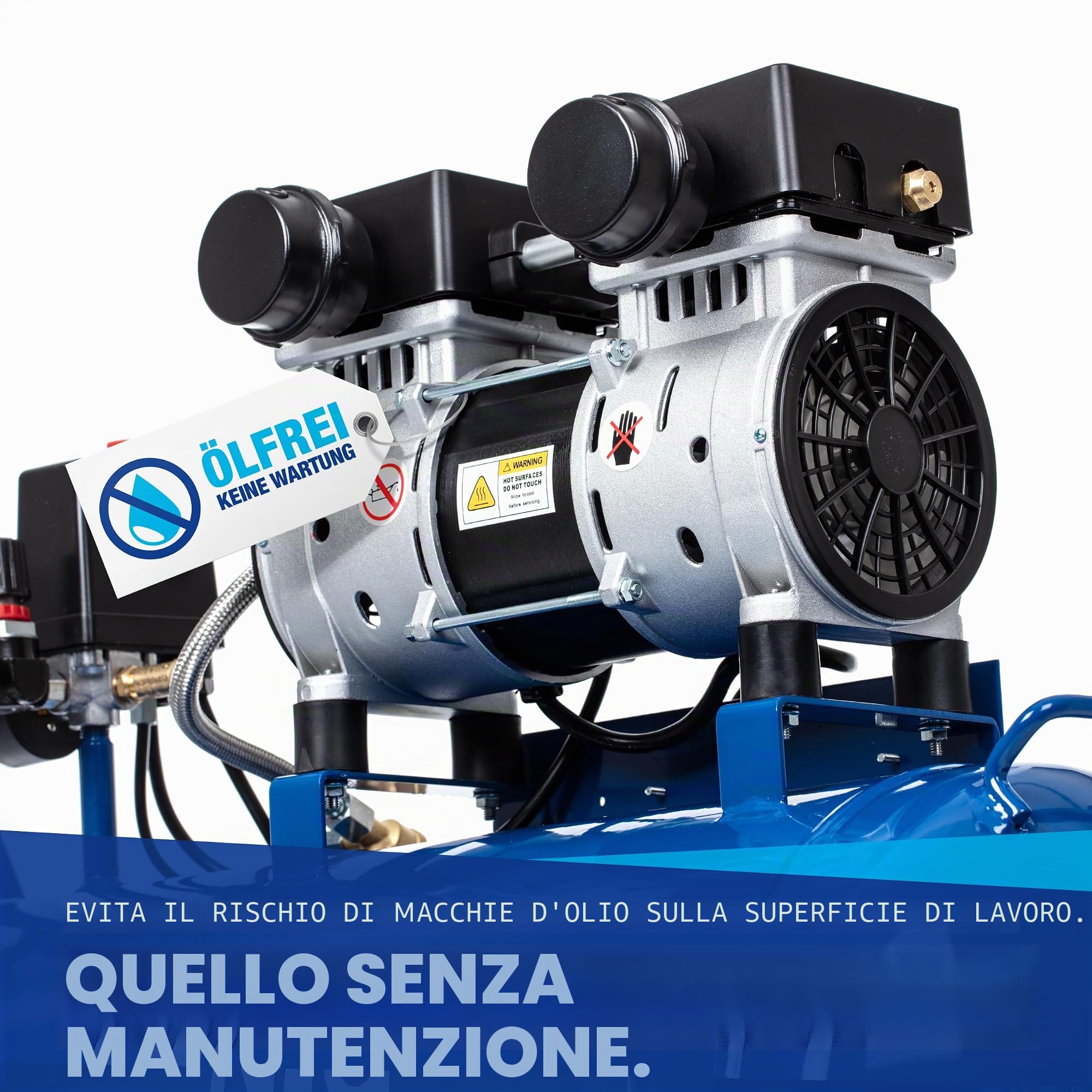 Compressore silenzioso NTG 9 bar | Serbatoio da 50 l | Potenza 1470 W | Senza olio | versatile con manometro e regolatore di pressione Serbatoio da 50 l (compressore con starter kit)