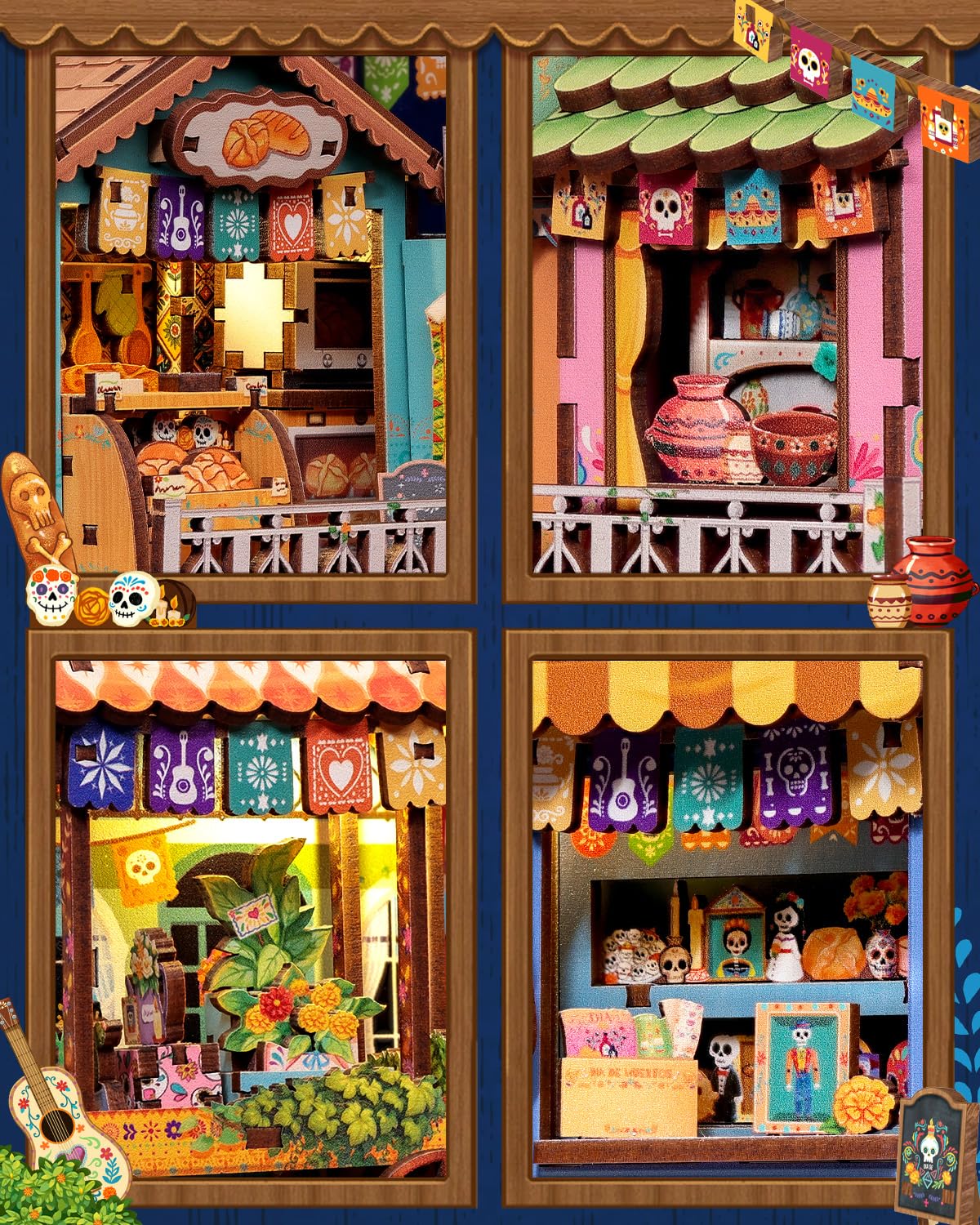 CUTEBEE Book Nook Kit - Miniaturowe domki lalkowe DIY meksykańska fiesta, Żywy model uliczki z LED, Prezent dla rodziny i przyjaciół (Plaza de los Muertos)