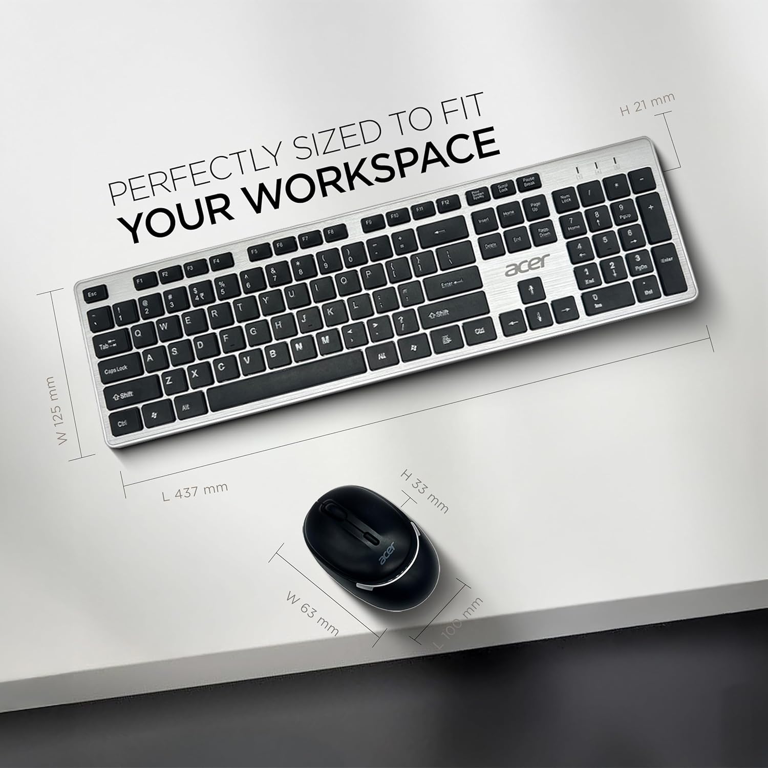 81snvdkHyQL SL1500 Acer Fusion Wireless Keyboard and Mouse Combo, Durable Stylish Design, 2.4GHz Nano Receiver, 10m Range, Indian Rupee Key, Adjustable DPI (800/1200/1600), Compatible with Windows & Mac (Black & Silver) - MSDeals