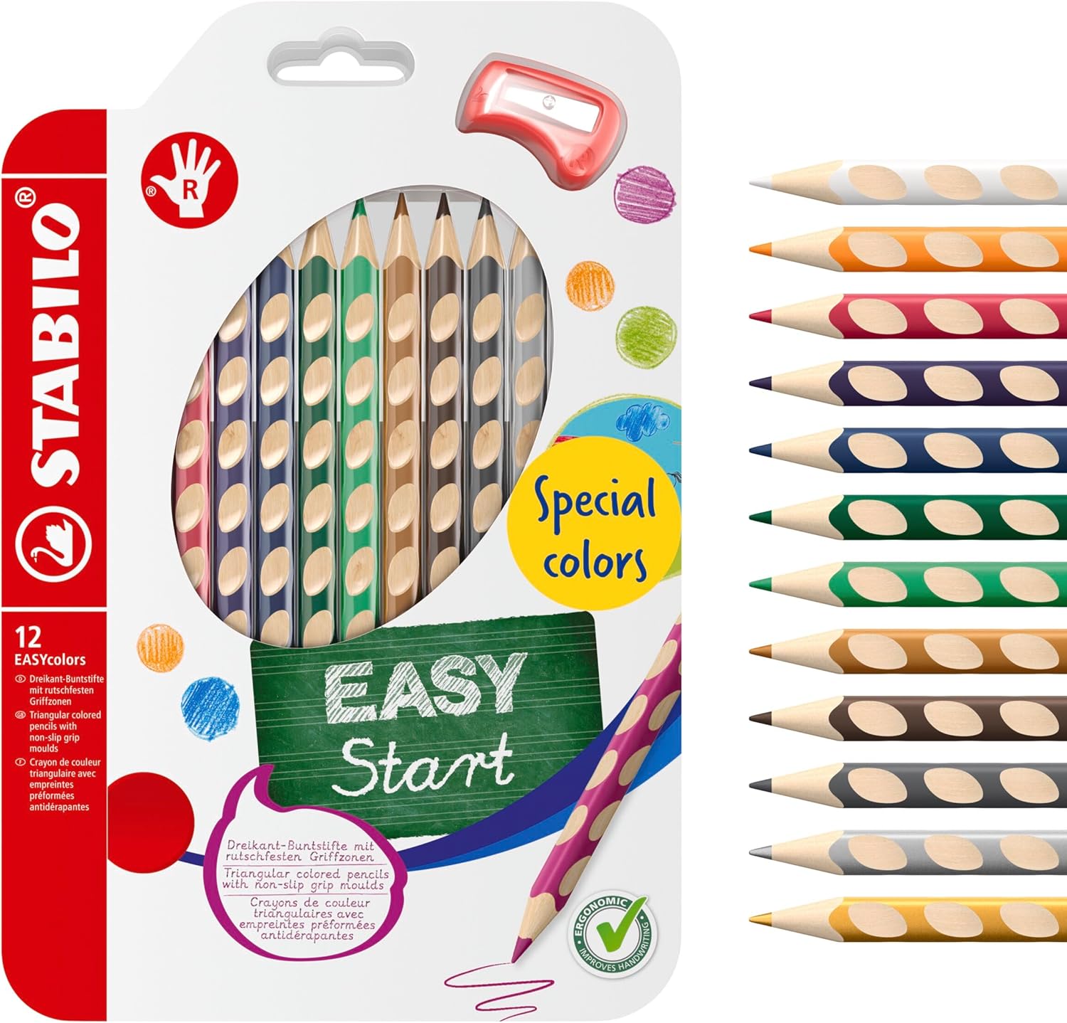 Ergonomic Colouring Pencil - STABILO EASYcolors - Right-Handed - Pack of 12 - Special Colours with Sharpener