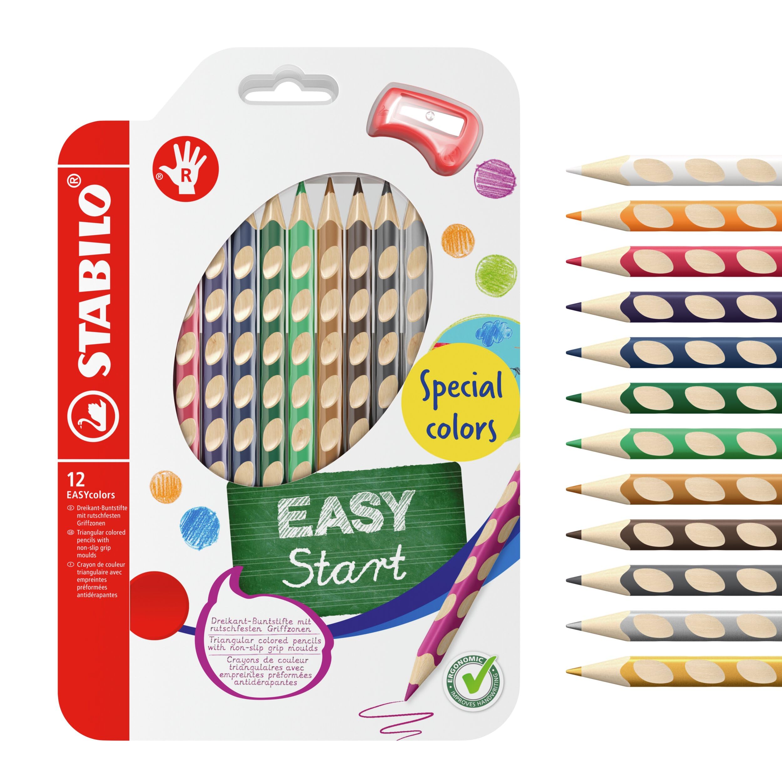 STABILO EASYcolors - Ergonomic Colouring Pencil - Right-Handed - Pack of 12 - Special Colours with Sharpener