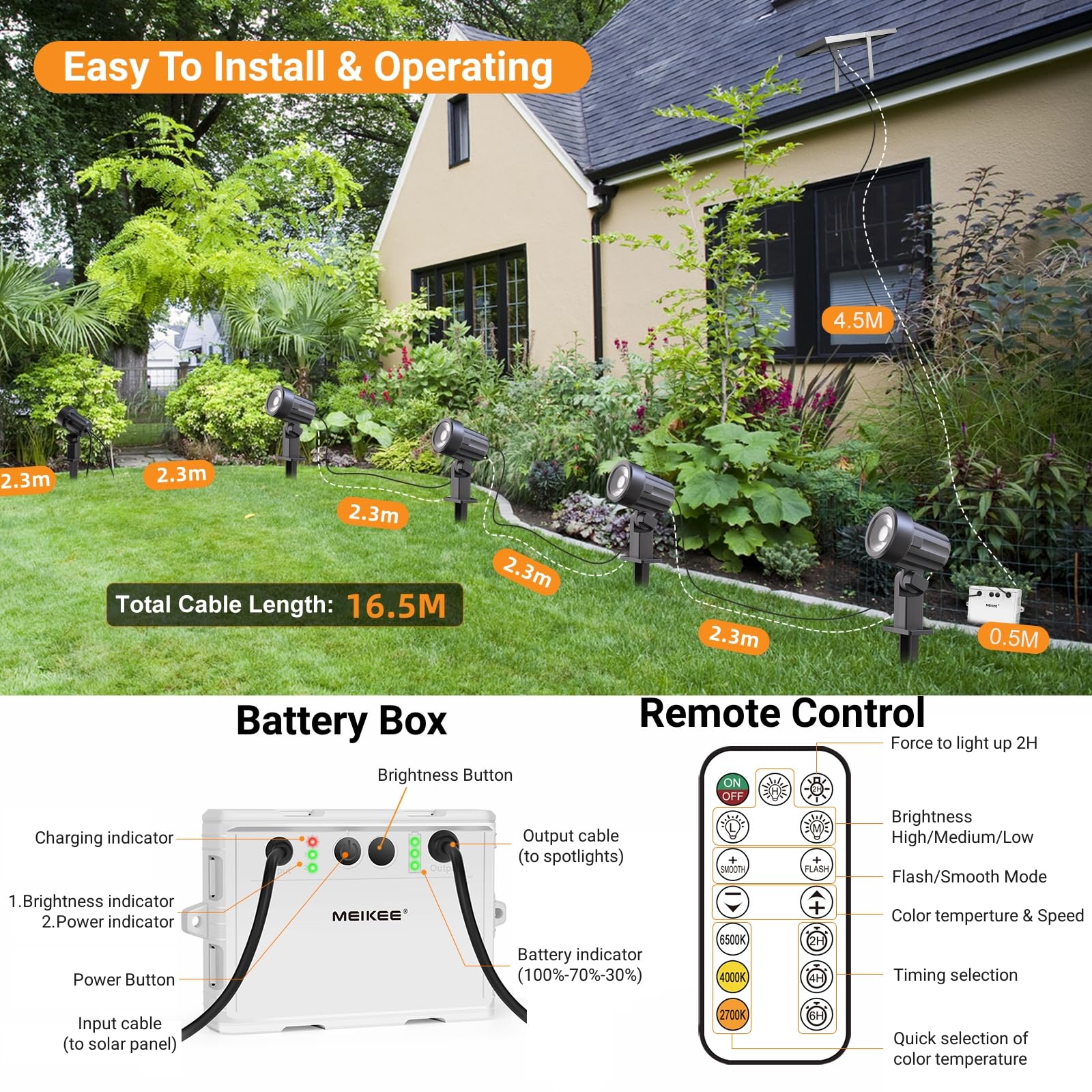 MEIKEE Faretti Solari Esterno, 6 in 1 Faretto Solare LED da Esterno Impermeabili IP66, 6W 6000mAh Luci Solari con Telecomando 2500K-6500K Dimmerabile 3 Luminosità 3 Modalità per Patio Prato Giardino