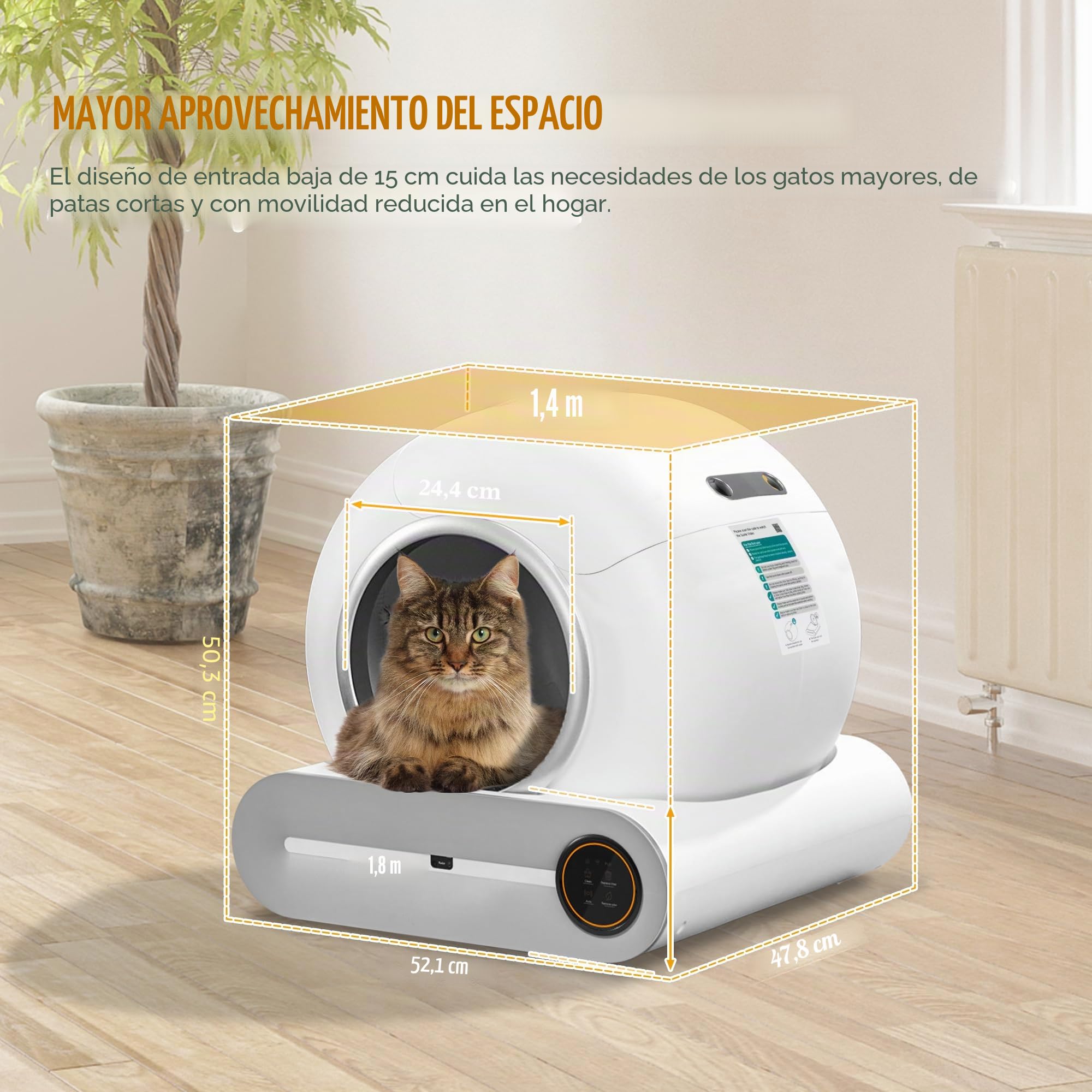 Caja de Arena Autolimpiable para Gatos Con Detector de Infrarrojos y Sensores de Peso, Eliminación de Olores, Gran Capacidad de 65 L + 9