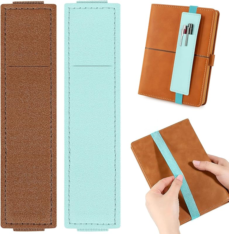 2 Pack Pen Holder for Notebook & Bible Pen Holder Elastic Pen Sleeve | Elastic Sleeve, 18cm (7.09in)-21cm (8.27in), PU Leather for Notebooks, Planners, Journals & Bibles, Brown Light Blue
