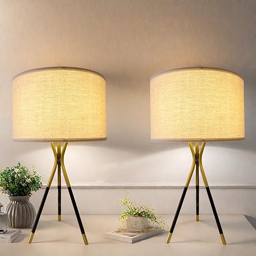 Juego de 2 lámparas de mesa con trípode de metal moderno de 20.8 pulgadas, lámpara de mesa de noche con pantalla de lino beige, lámpara de mesa