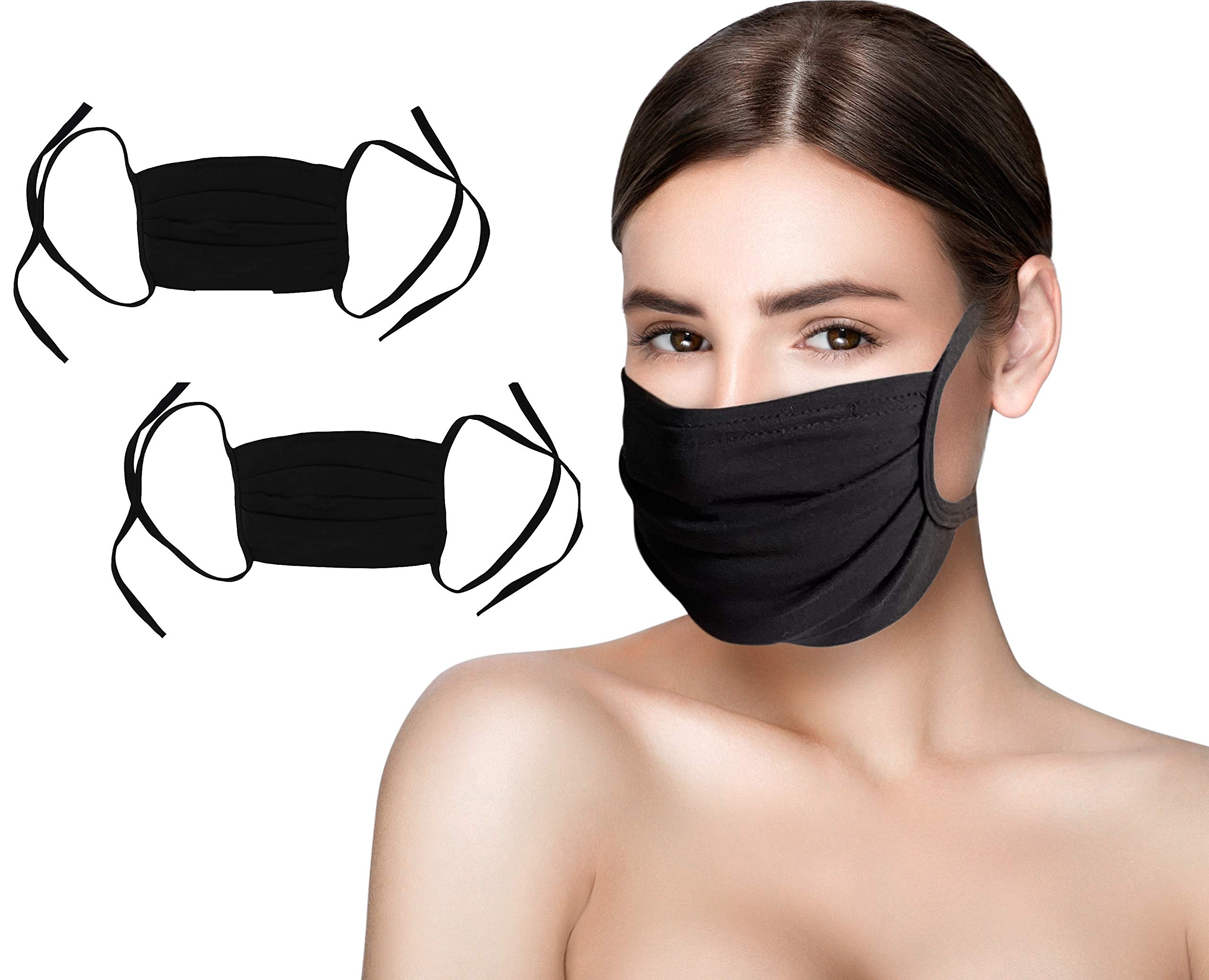 2-Pack Bamboo Cloth Tie-On Face Mask Washable with Filters Packet, Nose Wire Bridge, Cover Mouth and Nose, Double Layers, Black (2-Pack,Black)