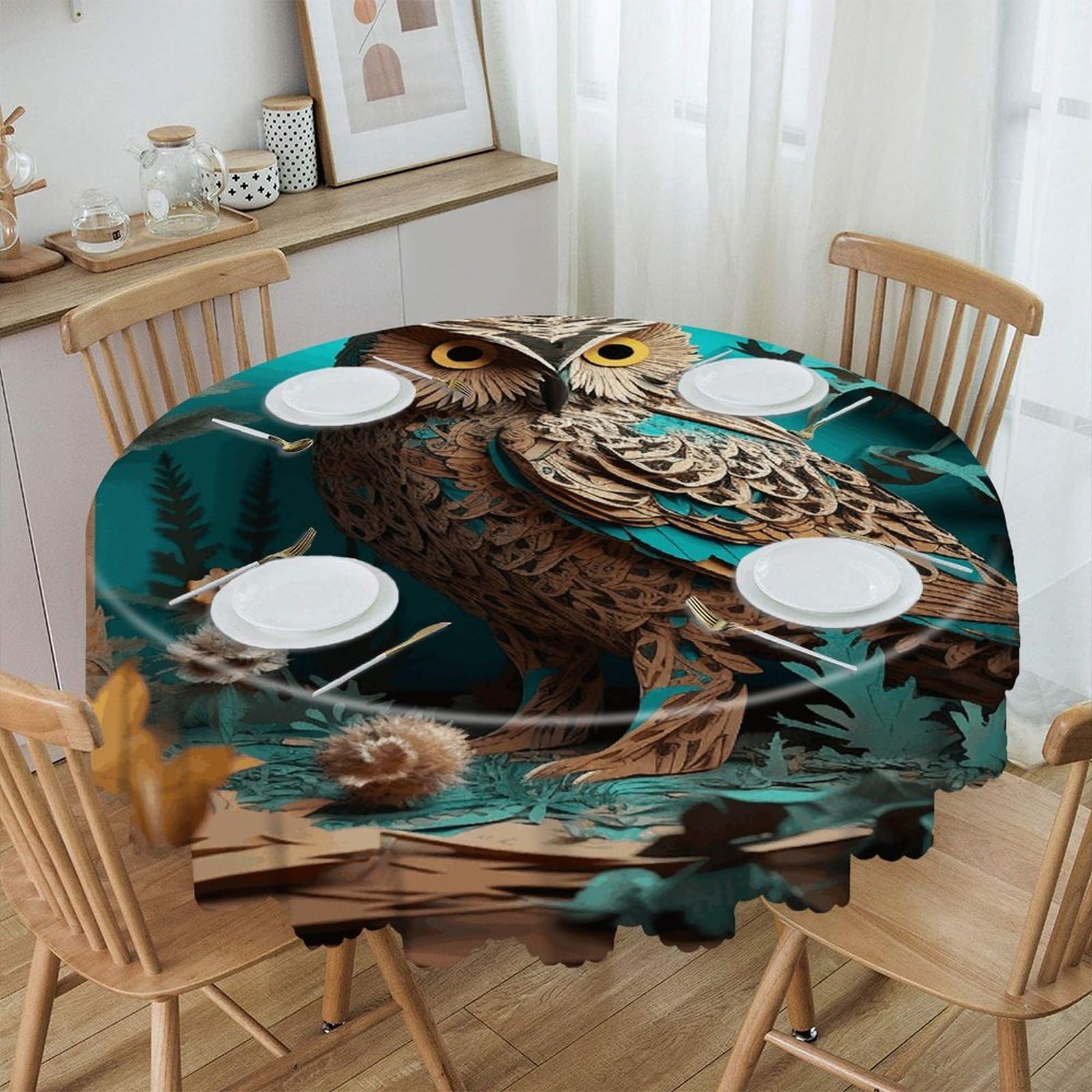 FekiLoot Owl Round Tablecloths 60 Inch Resistant Washable Polyester Table Cloth Style Decorative Circle Fabric Table Cover for Dining Kitchen Party Farmhouse Outdoor