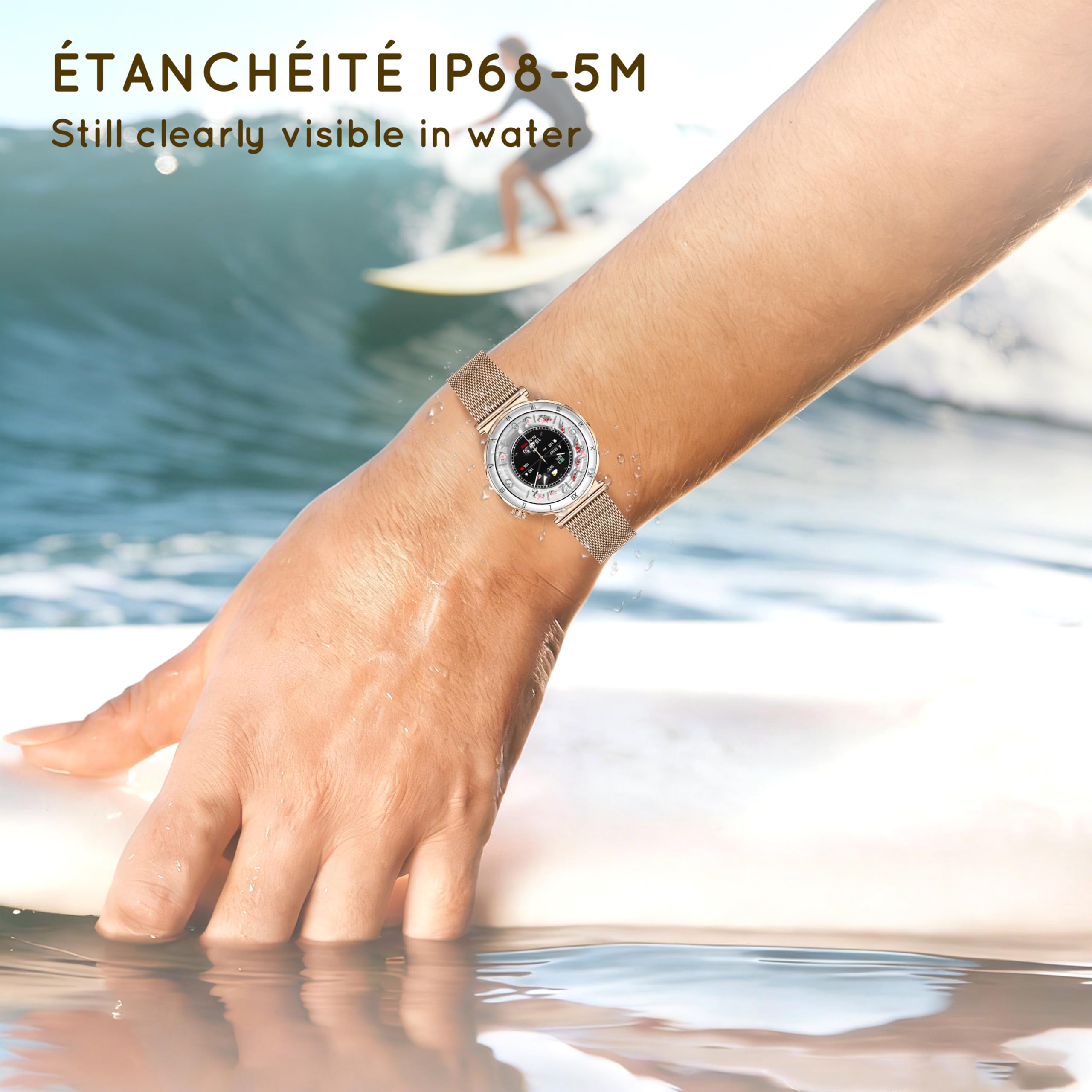 Montre Connectée Femme (3 Bracelets) 1,19" AMOLED Tendance Fitness Podomètre Smartwatch pour Android IOS avec Appel Bluetooth, Fonction Féminine/Cardio/Sommeil, 120+ Modes Sport Étanche IP68, Or Rose