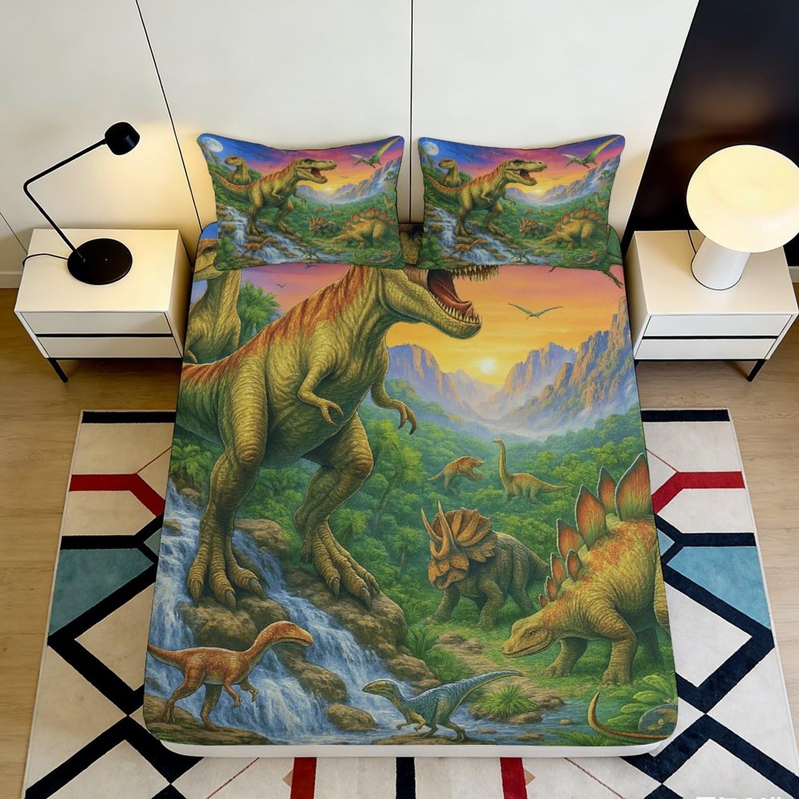 3D Printed Dinosaur Pattern Fitted Sheet Microfiber Soft Durable 3D Printed Jurassic Bed Cover for Bedroom Dormitory Guest Room Mattress Protection 140x200x25cm