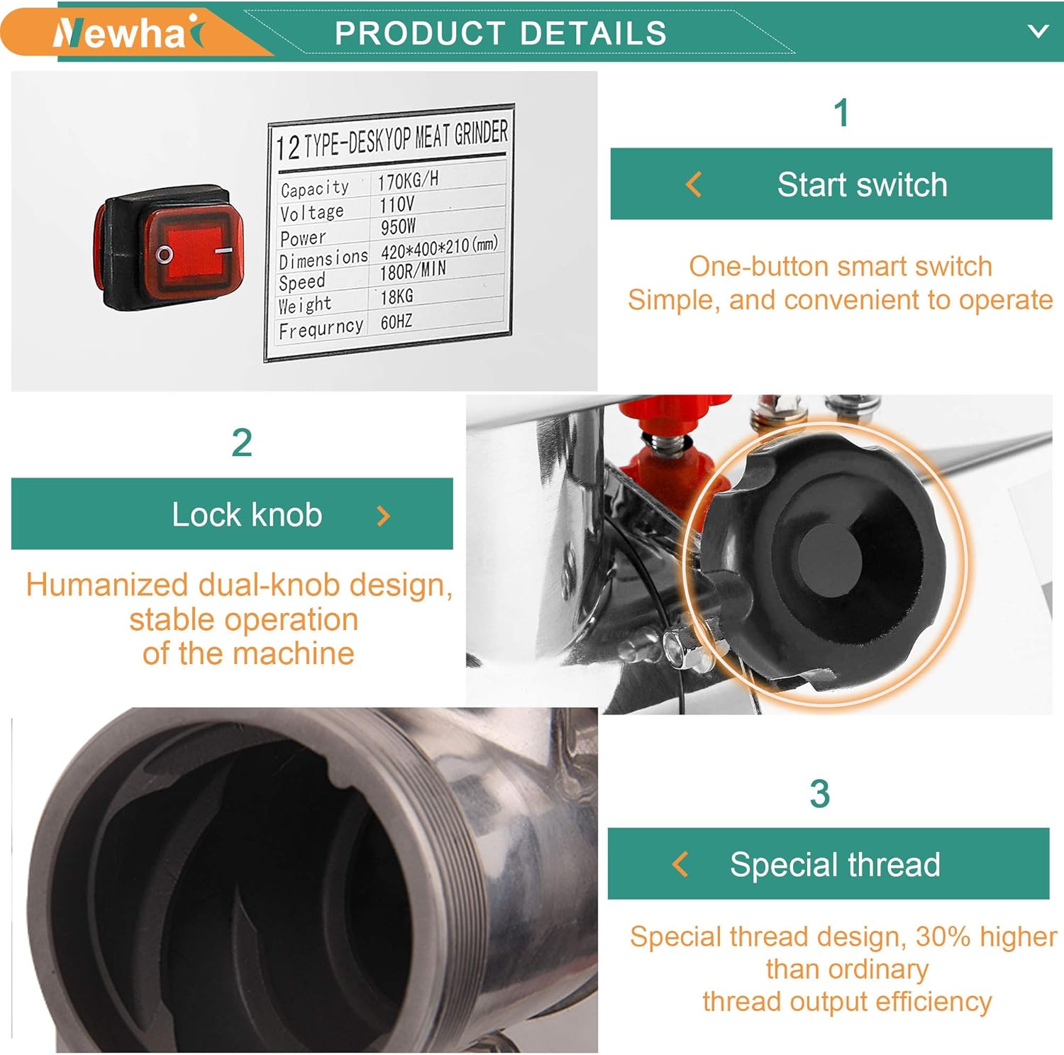 Newhai 1.3HP Commercial Meat Grinder, Electric Meat Grinding Machine, Heavy Duty Industrial Meat Mincer, Sausage Stuffer Grinding Plates Stuffing Tubes, Grinding Chicken Bones for Restaurant: Home & Kitchen