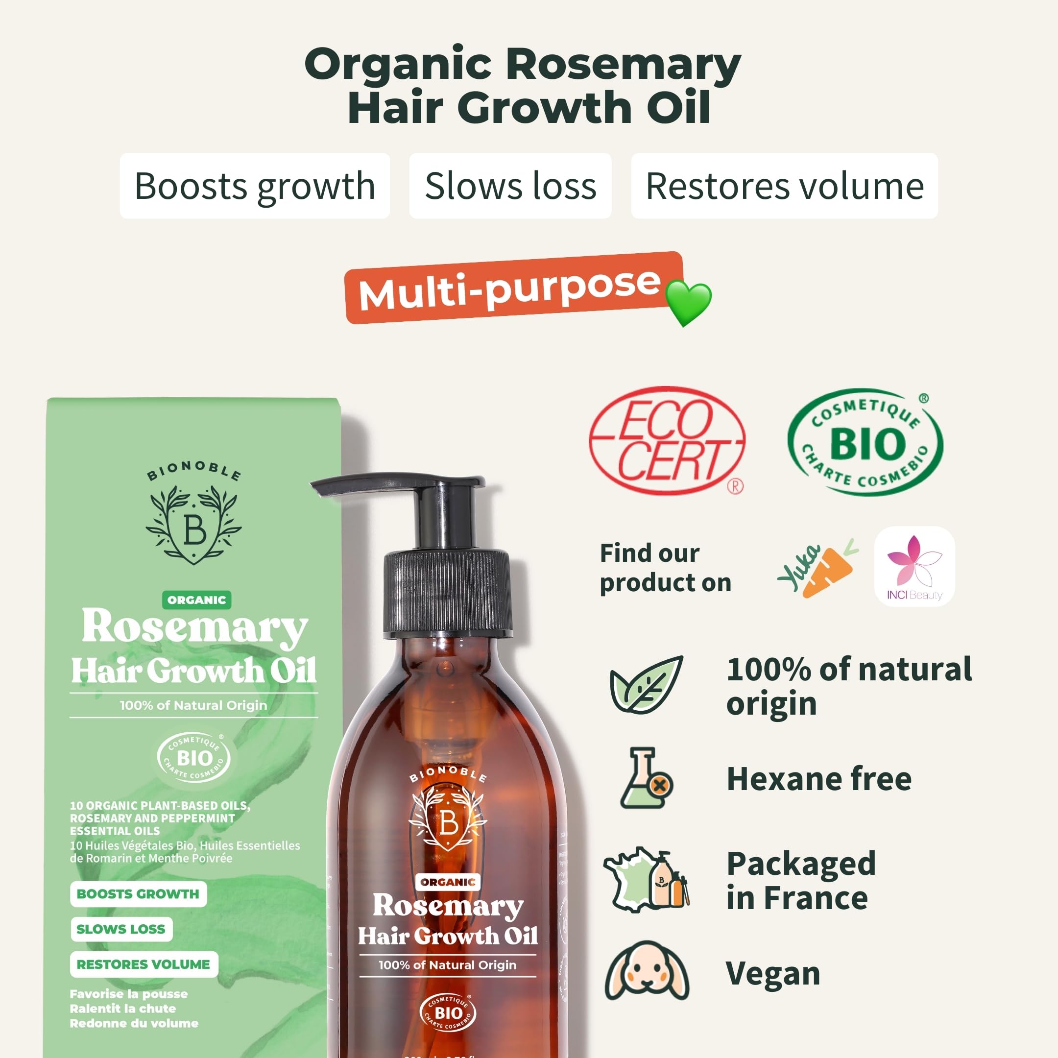 BIONOBLE Organic Rosemary Oil for Hair Growth, Slows Loss, Restores Volume, Nourishes the Scalp, Rosemary Hair Oil, Castor - Image 2