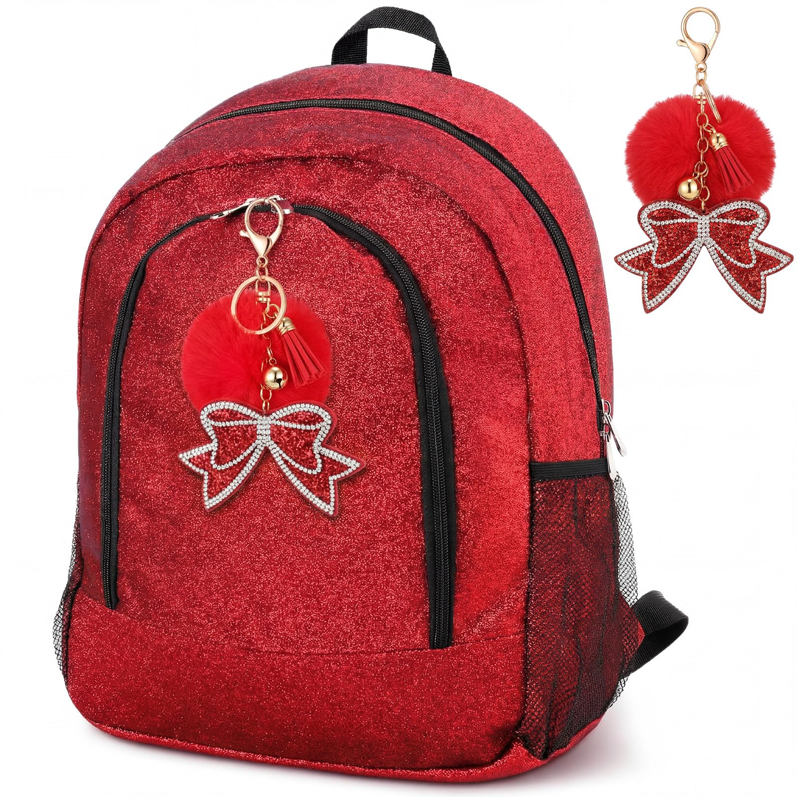 Cheer Backpack Bags with Bow Keychain,Glitter,Red,Large