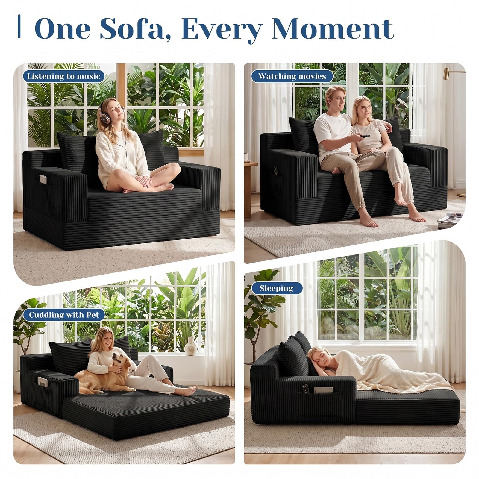 Convertible Sofa Bed,Small Boneless Couch & Boneless Loveseat,Pull Out Couch Bed for Small Spaces,Premium Luxe Corduroy Folding Floor Futon Sleeper with Side Pocket & 2 Pillows, No Assembly Required