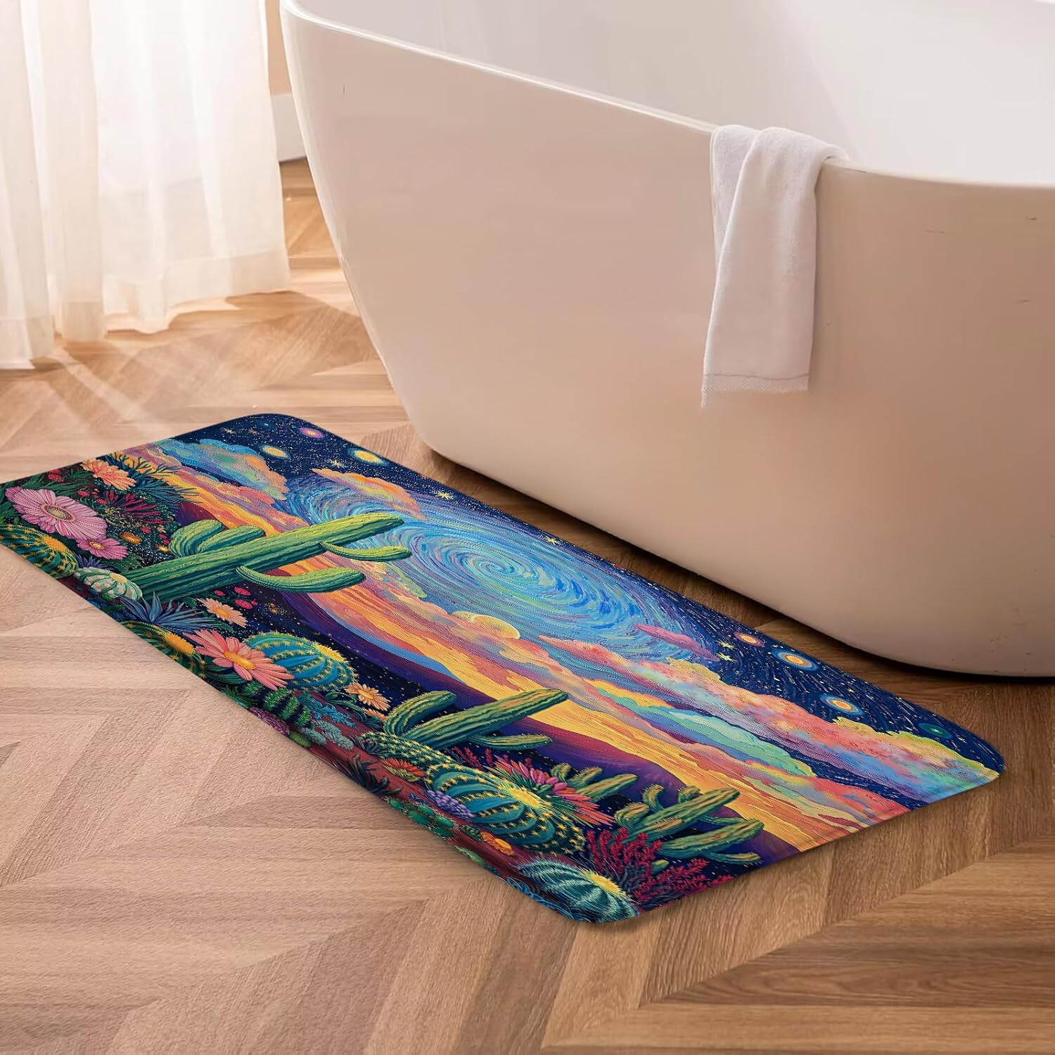 Cactus Bath Mat Green Desert Succulent Botanical Flowers Cactus Colorful Starry Sky Boho Watercolor Bathroom Decor Rug Doormat Toilet Floor Rug,24x48 Inch