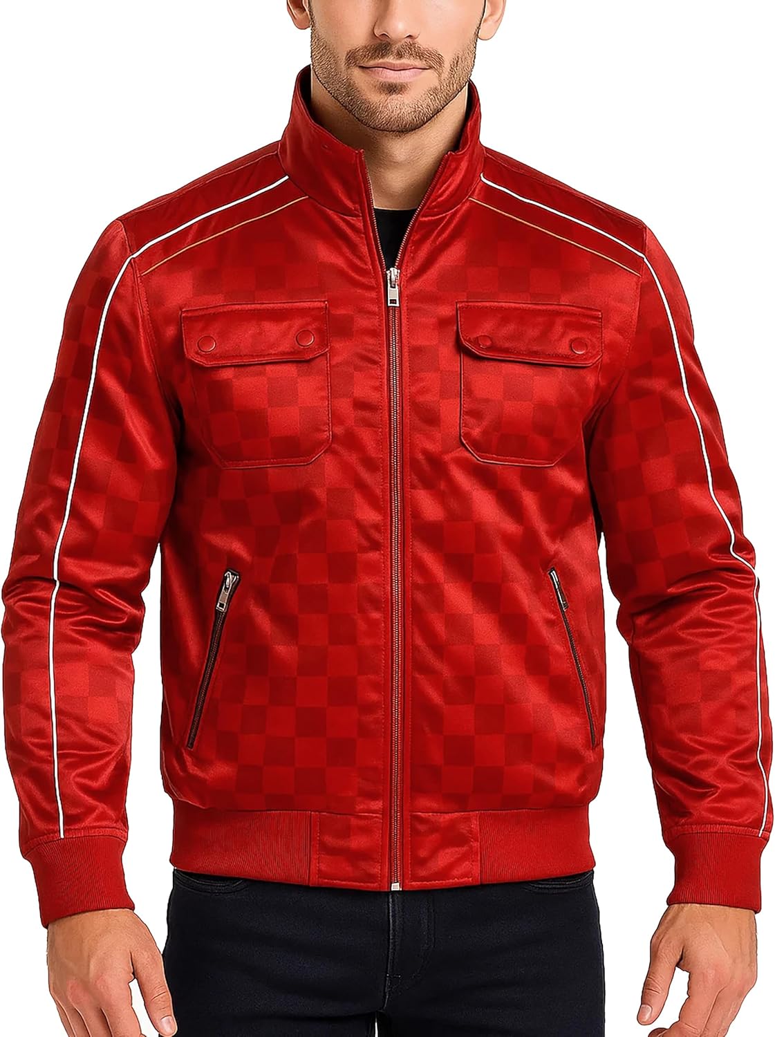 SpazeUp Men's Red Satin Bomber Jacket - Red Checkered Cotton Lightweight Jacket Casual Outerwear