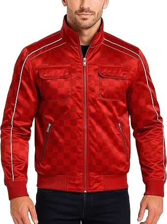 SpazeUp Mens Red Satin Bomber Jacket - Lightweight Checkered Varsity Jacket Men - Movie Cosplay Streetwear Fashion Outerwear