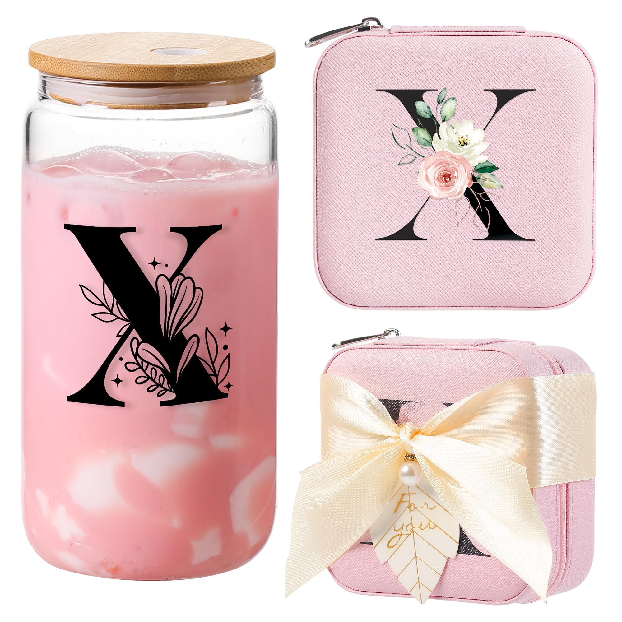 AYGXU Birthday Gifts for Women - Drinking Glass with Bamboo Lids and Straw, Iced Coffee Travel Jewelry Case, Small Jewelry Organizer Box, Initial X Pink