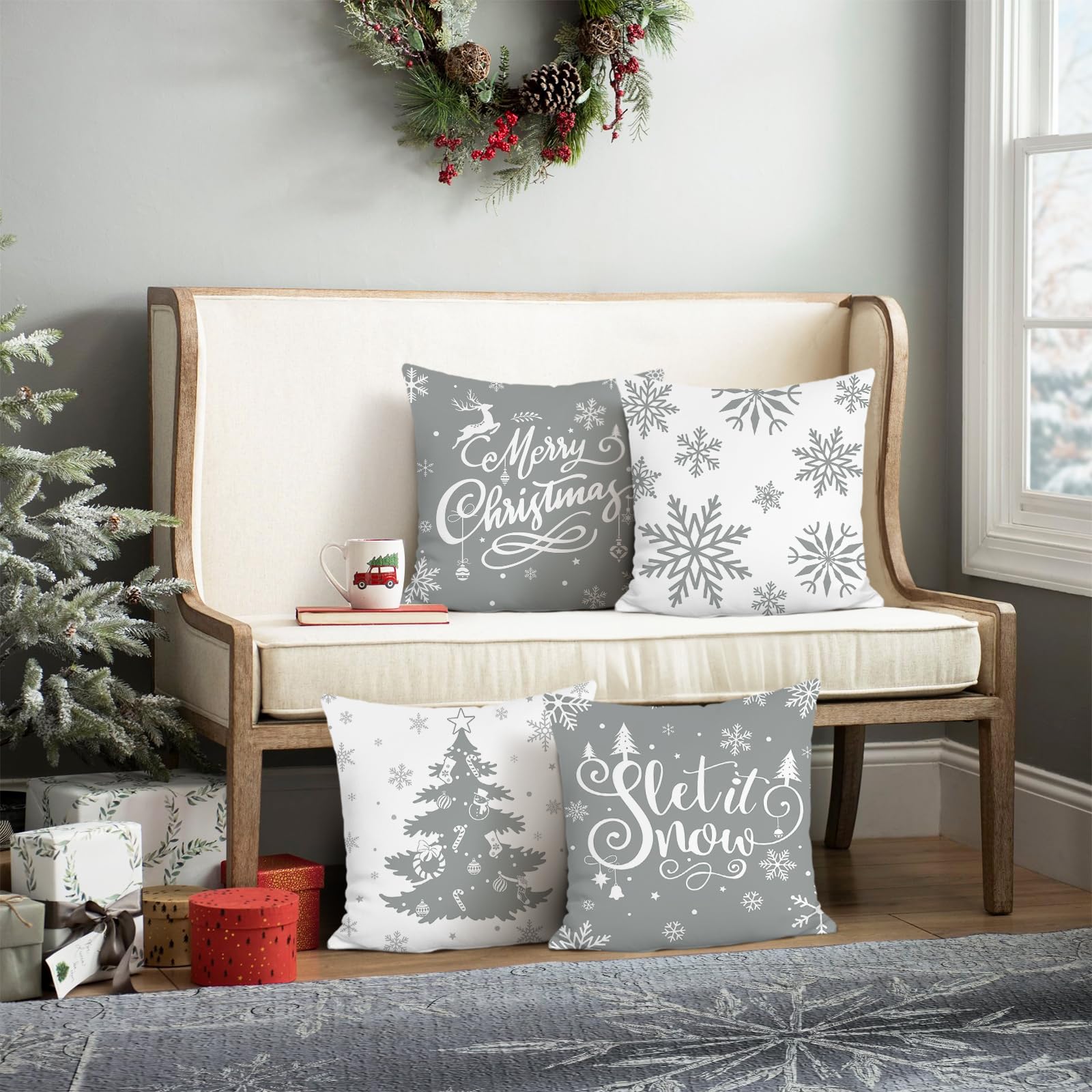 Bonhause Winter Cushion Covers 45 x 45 cm Grey Snowflake Decorative Throw Pillow Covers Soft Velvet Pillowcases for Sofa Bed Home Holiday Winter Decor Set of 4 - Image 2