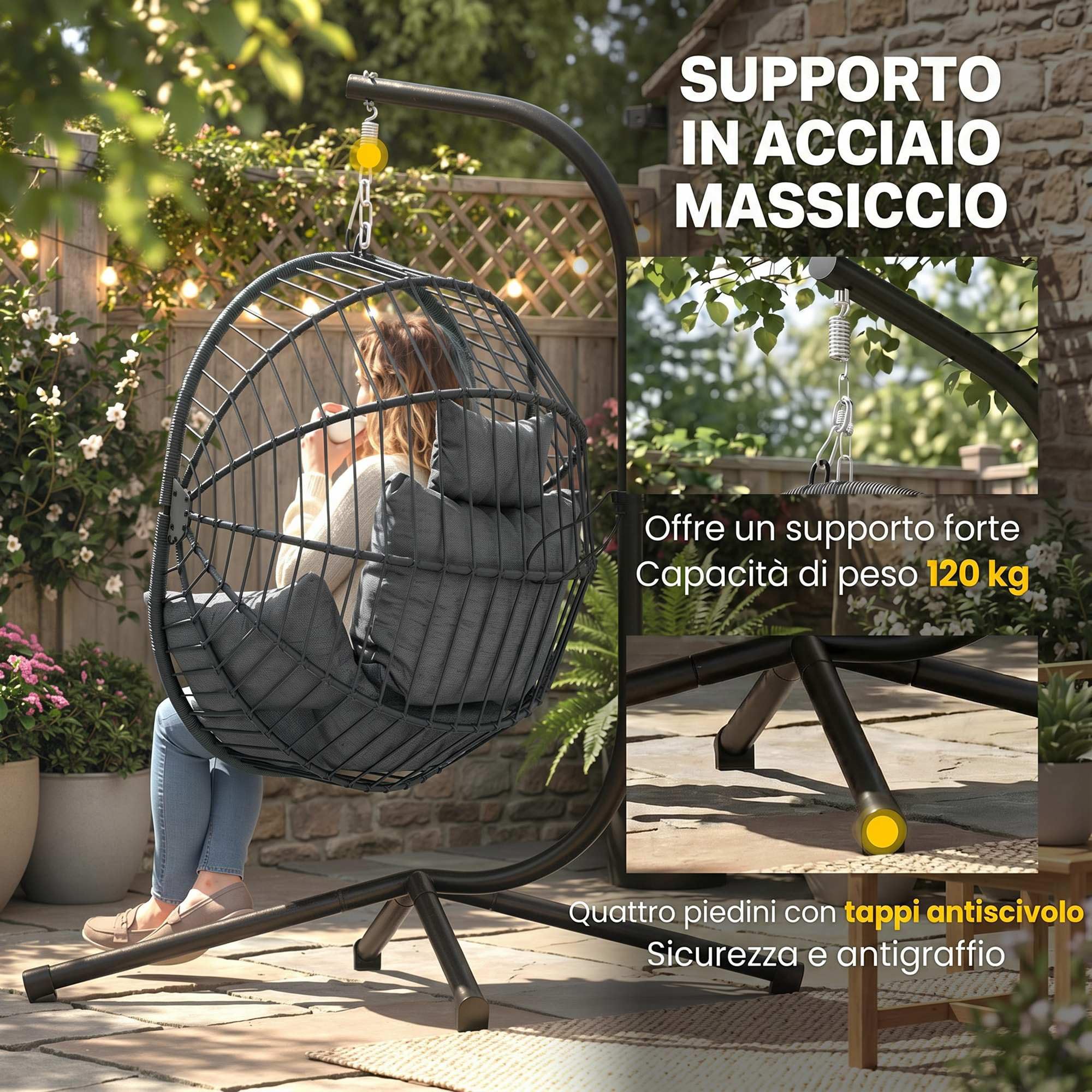 Outsunny Silla Colgante Huevo con Soporte Columpio Jardín Exterior con Cesta Plegable Cojín y Reposacabezas Columpio Colgante para Interior y Exterior Carga 120 kg Gris
