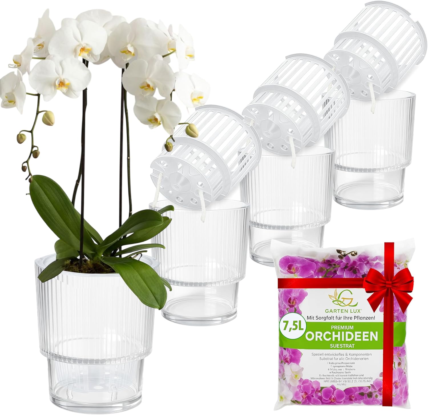 4er-Set Selbstbewässerungstöpfe für Orchideen-Transparent, Ø13cm, Orchideentopf 1,7L (Innentopf 1.35L Drainagelöchern mit Docht)+7,5L Orchideensubstrat für alle Orchideenarten für den Innen