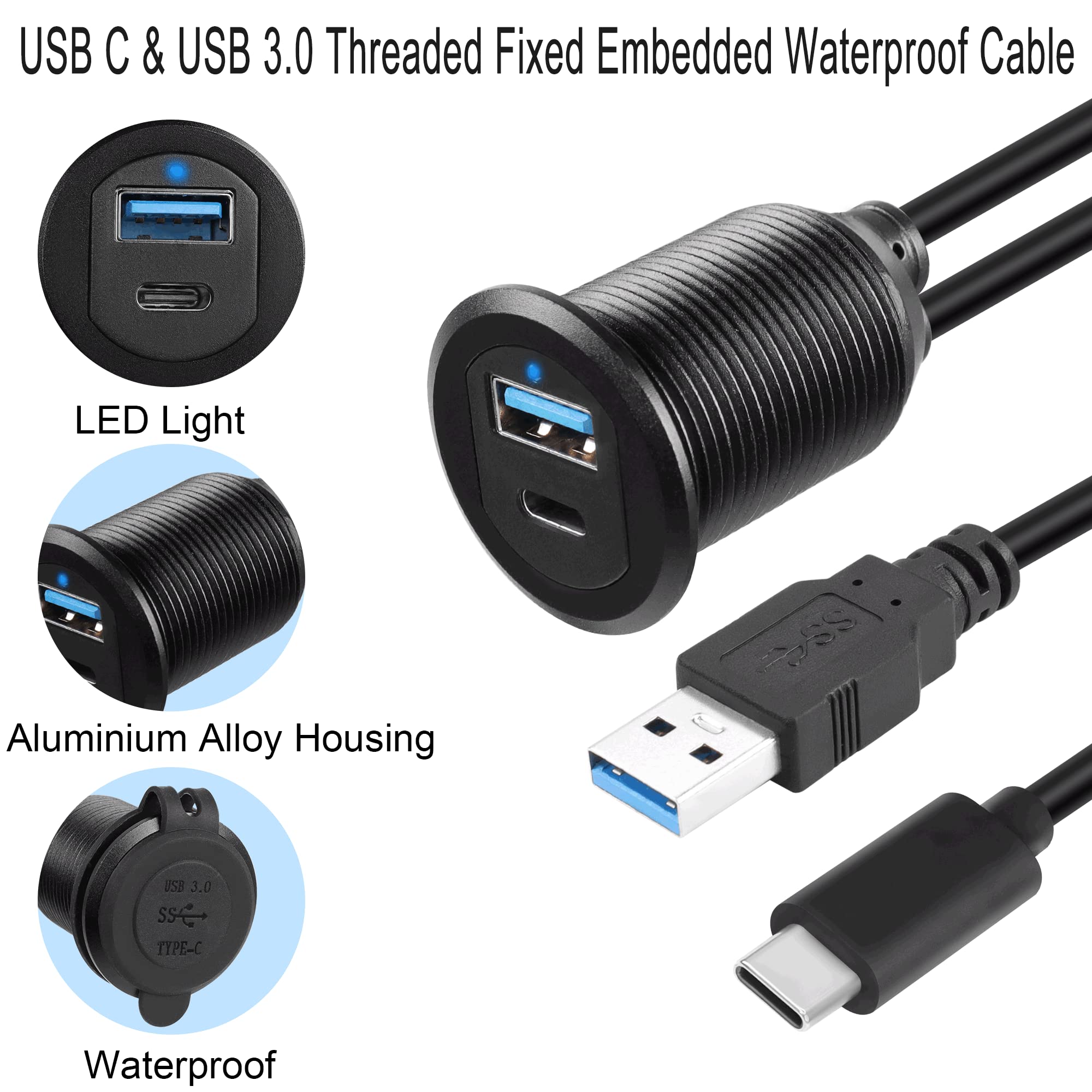 QIANRENON USB C & USB 3.0 Threaded Fixed Embedded Car Waterproof Cable 5Gbps USB3.0 & USB C Panel Mount Extension Cable,LED Light Aluminium Housing,for Instrument Panel Car Boat Motorbike,2M/6.5ft - Image 2