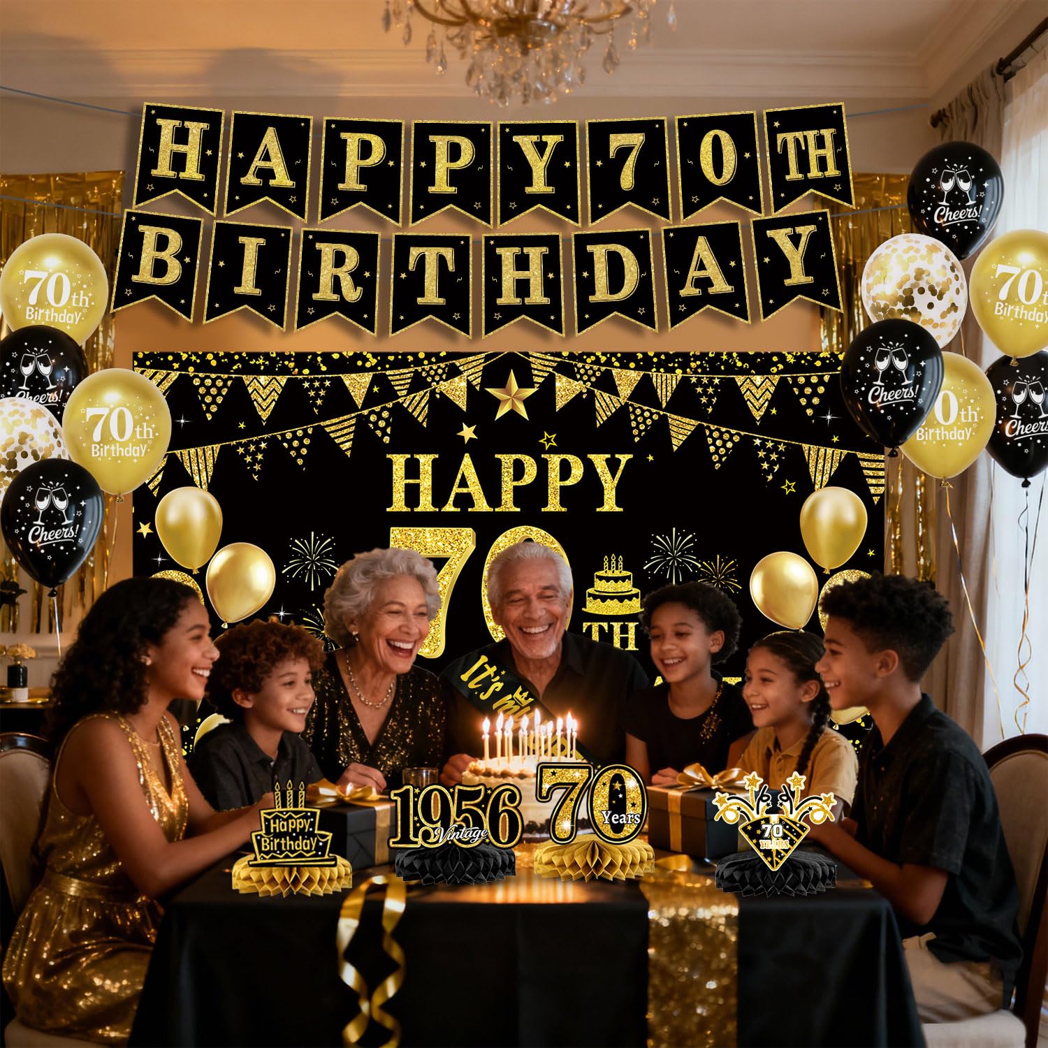 70th Birthday Decorations - Black & Gold Party Pack -5 70th Birthday Decorations - Black & Gold Party Pack -5