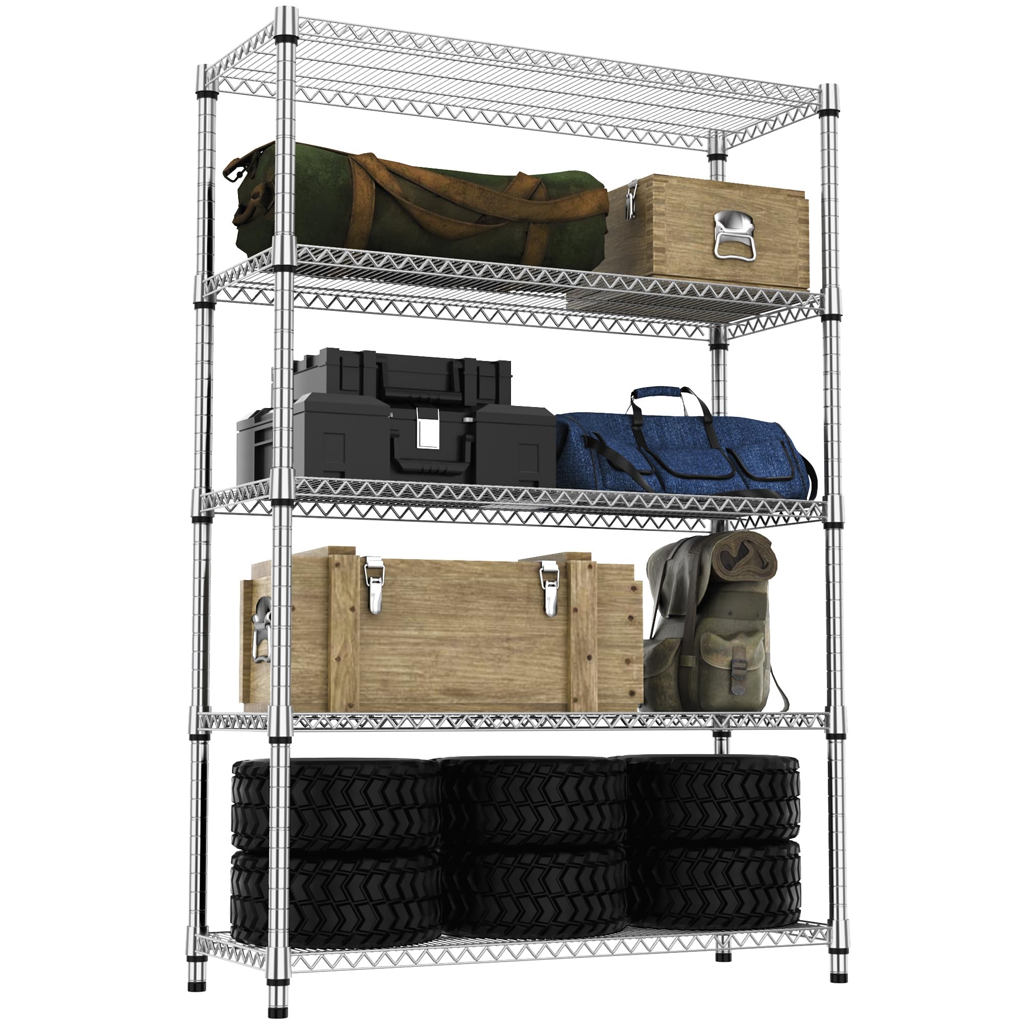 M MZG Storage Shelves 5 Tier Heavy Duty Metal Storage Unit With Height Adjustable Shelves and Wheel 1498.2 kg Load Weight Organizer for Garage, Laundry, Kitchen 45 x 120 x 178.7 cm Chrome