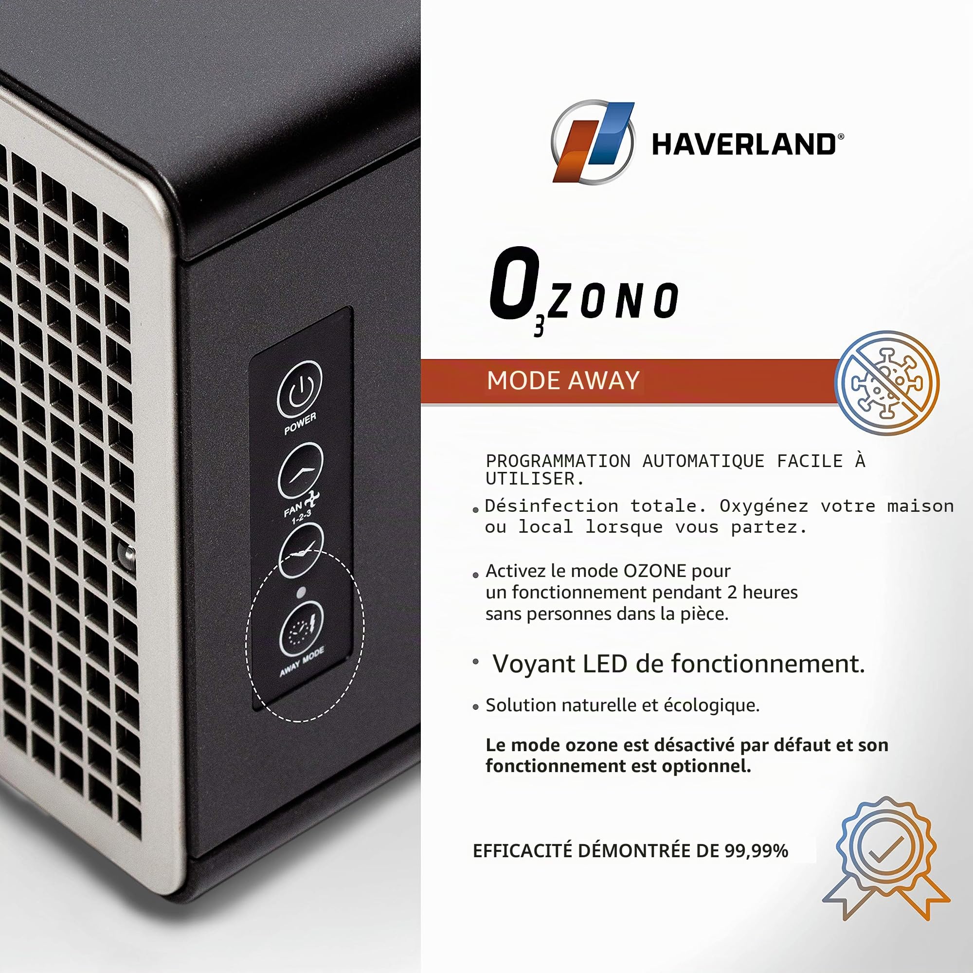HAVERLAND PUREAIRBOX - Purificateur Désinfection d’Air et de Superficies PCO | Efficacité 99,99% | Désinfecte l’Air et vos pièces | Rayons UV + Ioniseur + OZONE à faible concentration | Ultra-Compact