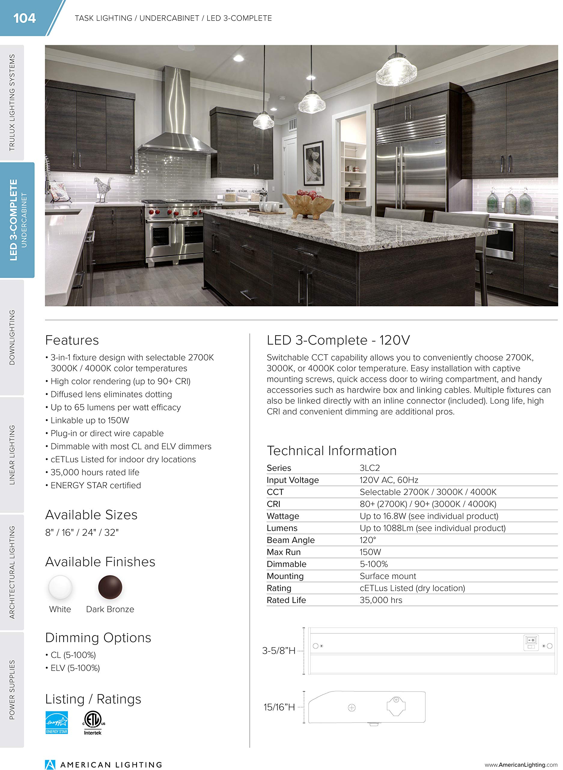 American Lighting 3-Complete LED Undercabinet Fixture, Adjustable 2700K-3000K-4000K Warm White, White, and Ultra Warm White Color, 24-Inch, White, Single Fixture