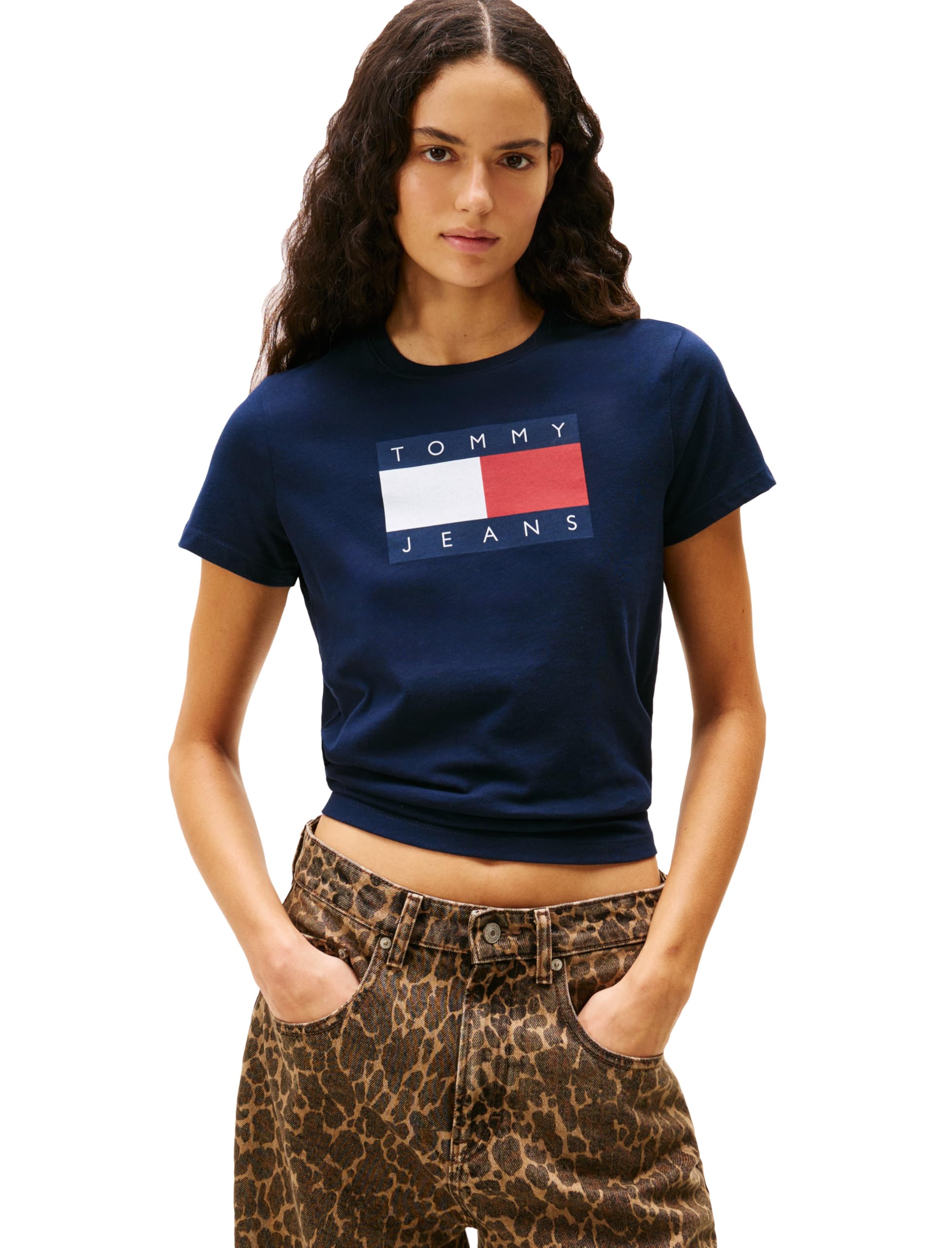 Tommy Jeans Women's Graphic Tee with Printed Flag Logo Detail, Dark Night Navy, L