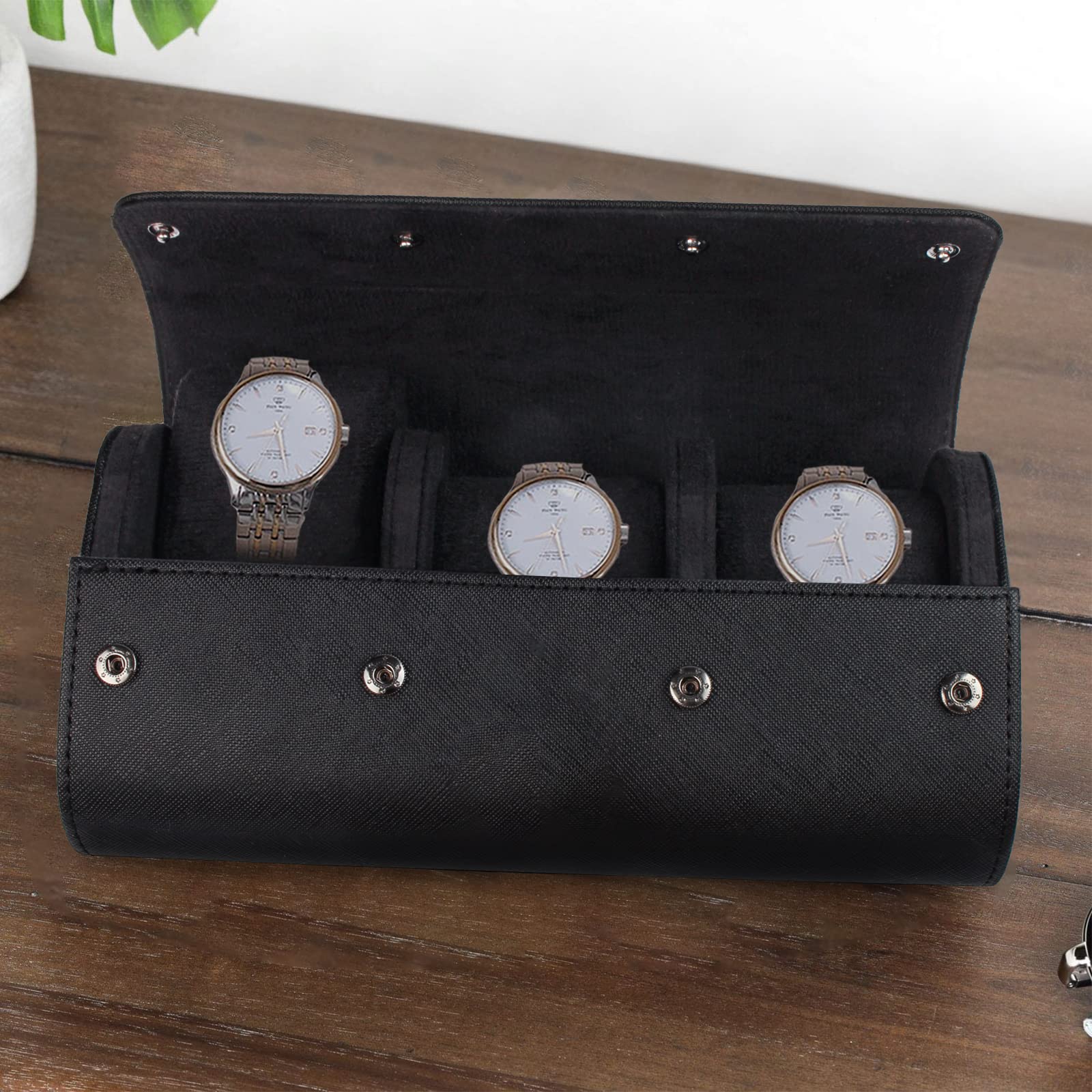 Uhrenrolle Uhrenbox 3 Uhren Schwarz, PU Leder Tragbare Zylindrische Uhren-Aufbewahrungsbox mit Samt-Innenfutter, Uhrengehäuse für Männer und Frauen, 23x10x7.5 CM