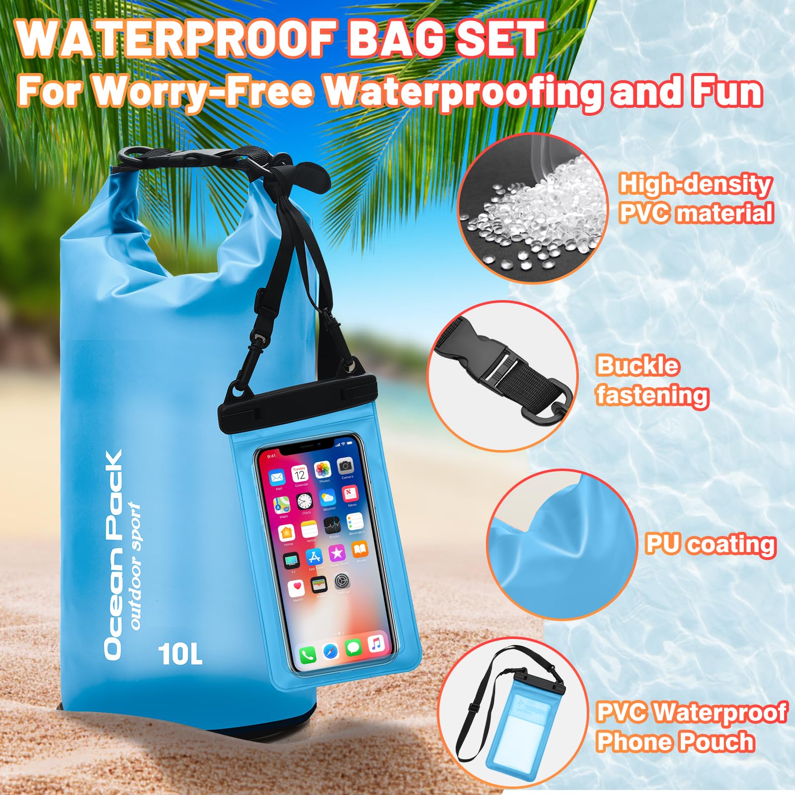 KUOGAS Sacca Stagna con Borsa Impermeabile & Cinghie – Zaino Impermeabile per Outdoor, Campeggio & Sport Acquatici | 5L, 10L, 20L | Leggero & Resistente | Borsa Impermeabile (Blu, 20 L)