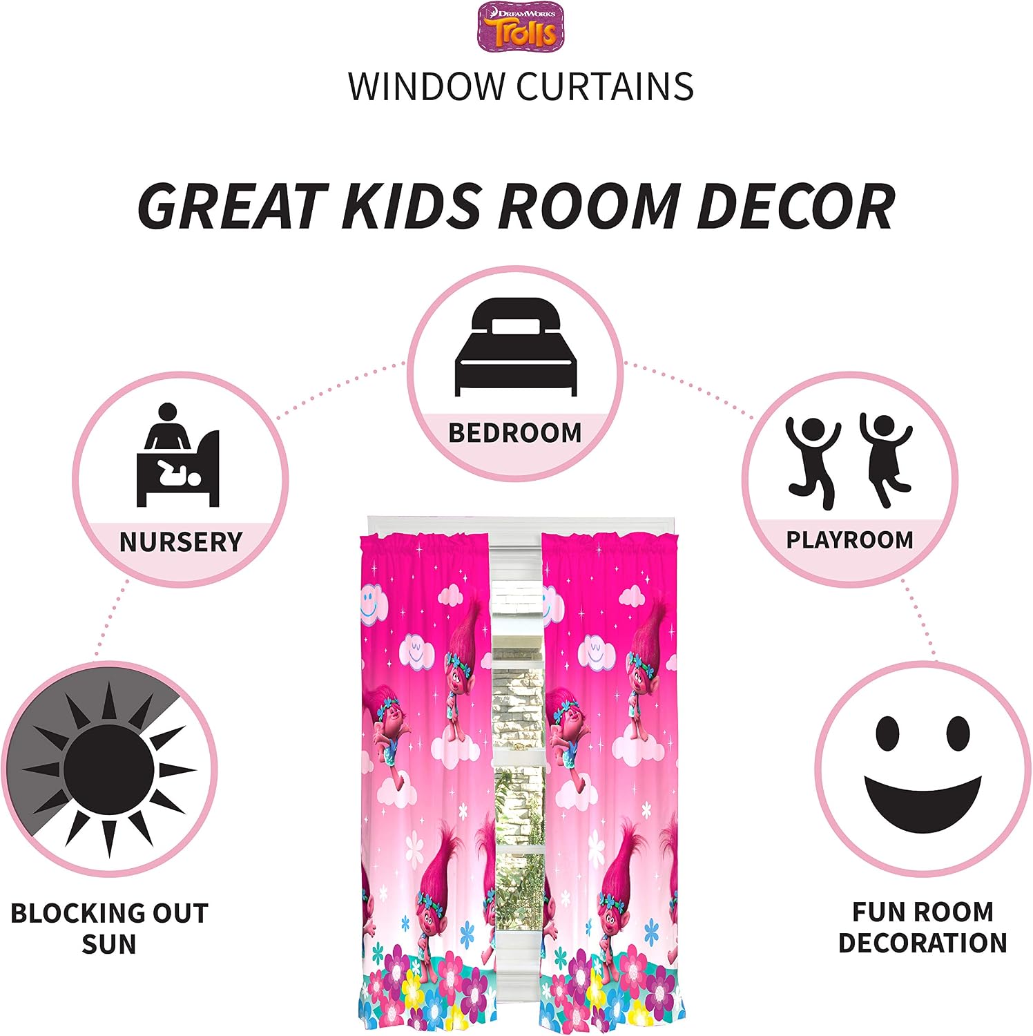 Franco Kids Window Curtain Panels Drapes Set, 82 in x 63 in, Trolls