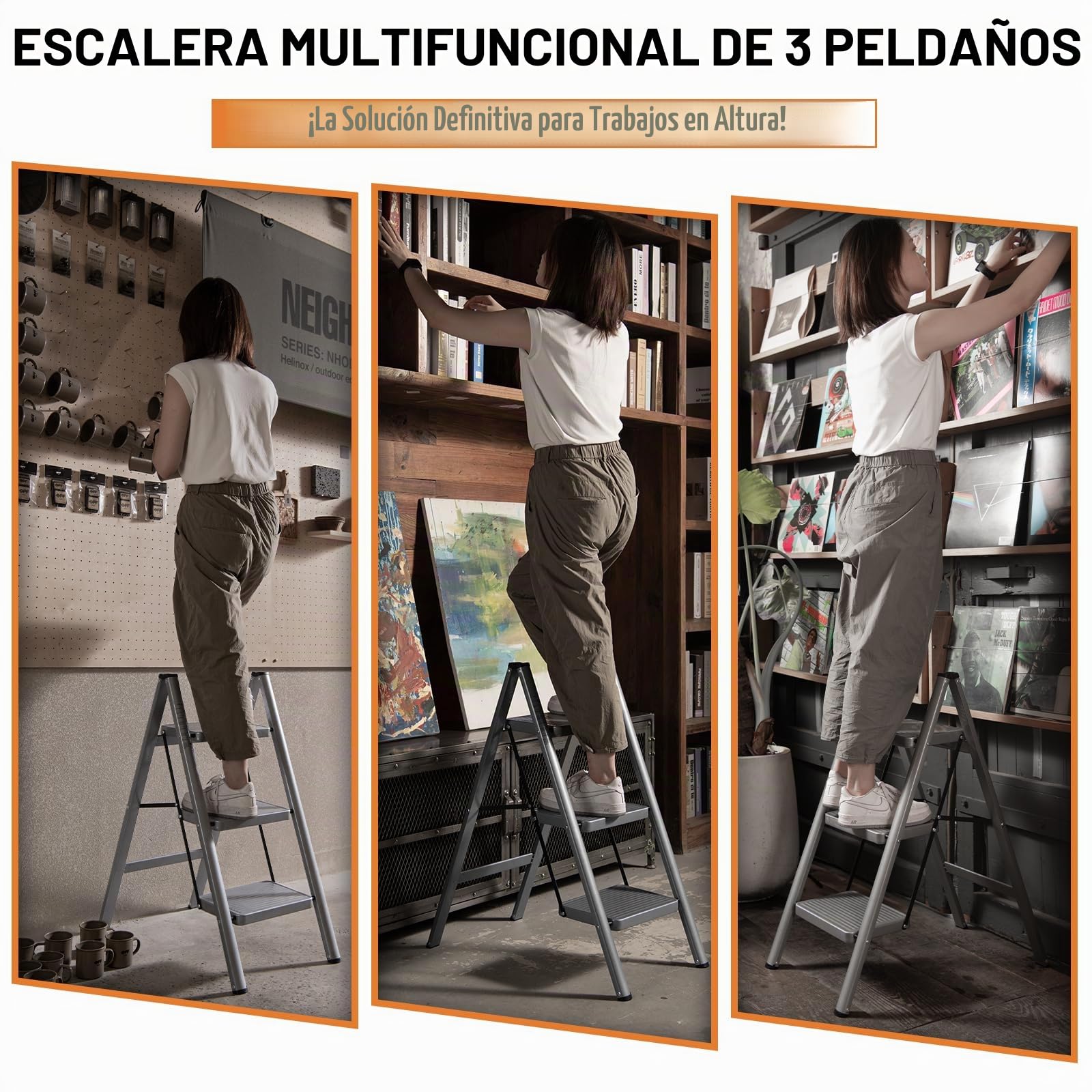 XinSunho Escalera Plegable de 3 Peldaños, Escalera de Tijera con Amplios Peldaños Antideslizantes, 3 Peldaños, soporta hasta 150 kg, Escalera portátil para el hogar, Gris