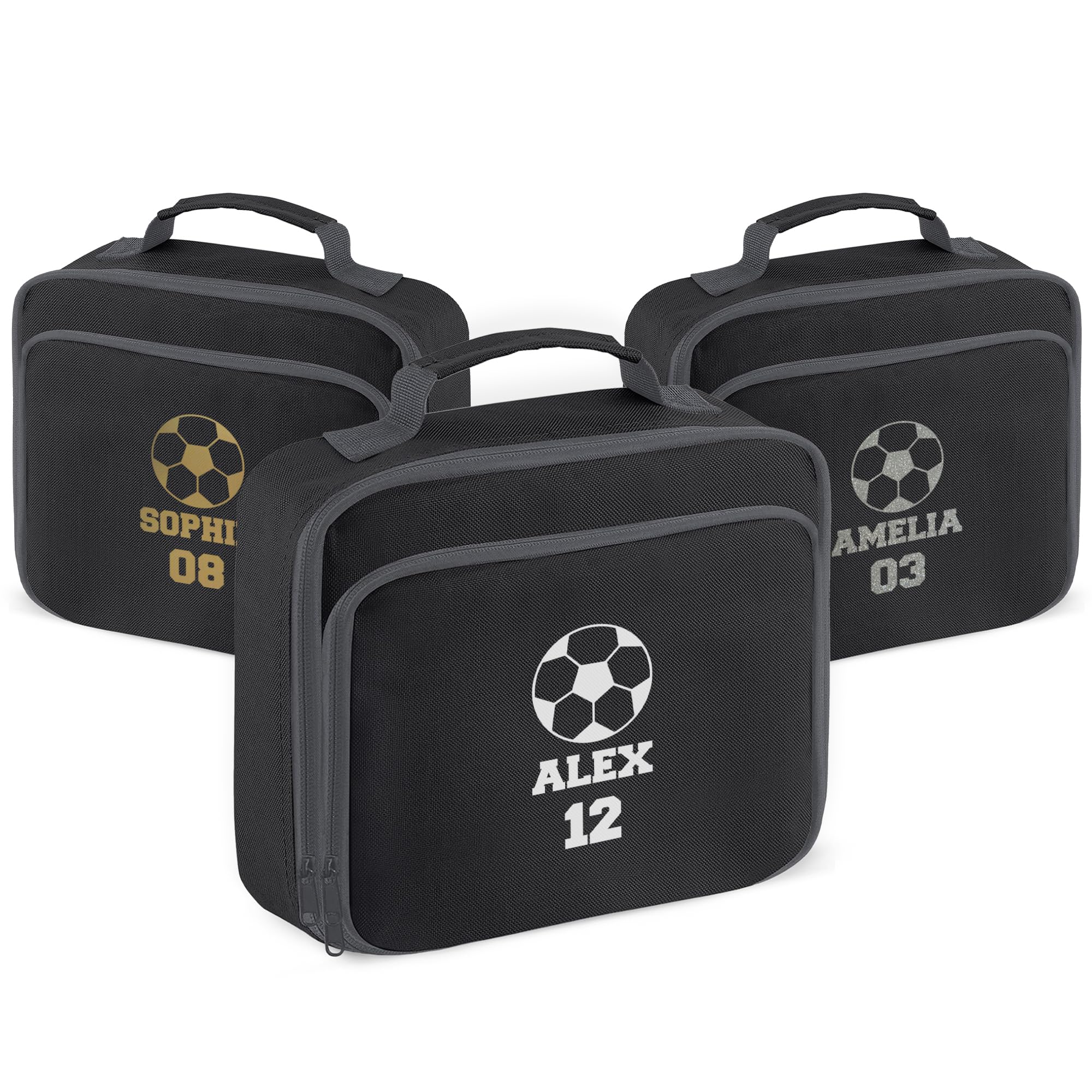 Print Maniacs Custom Name and Number Football Lunch Bag Personalised Insulated Lunch Box for Kids Boys Girls Adults School Football Training Sports Club Work Travel Meal Prep Food Storage Lunch Tote