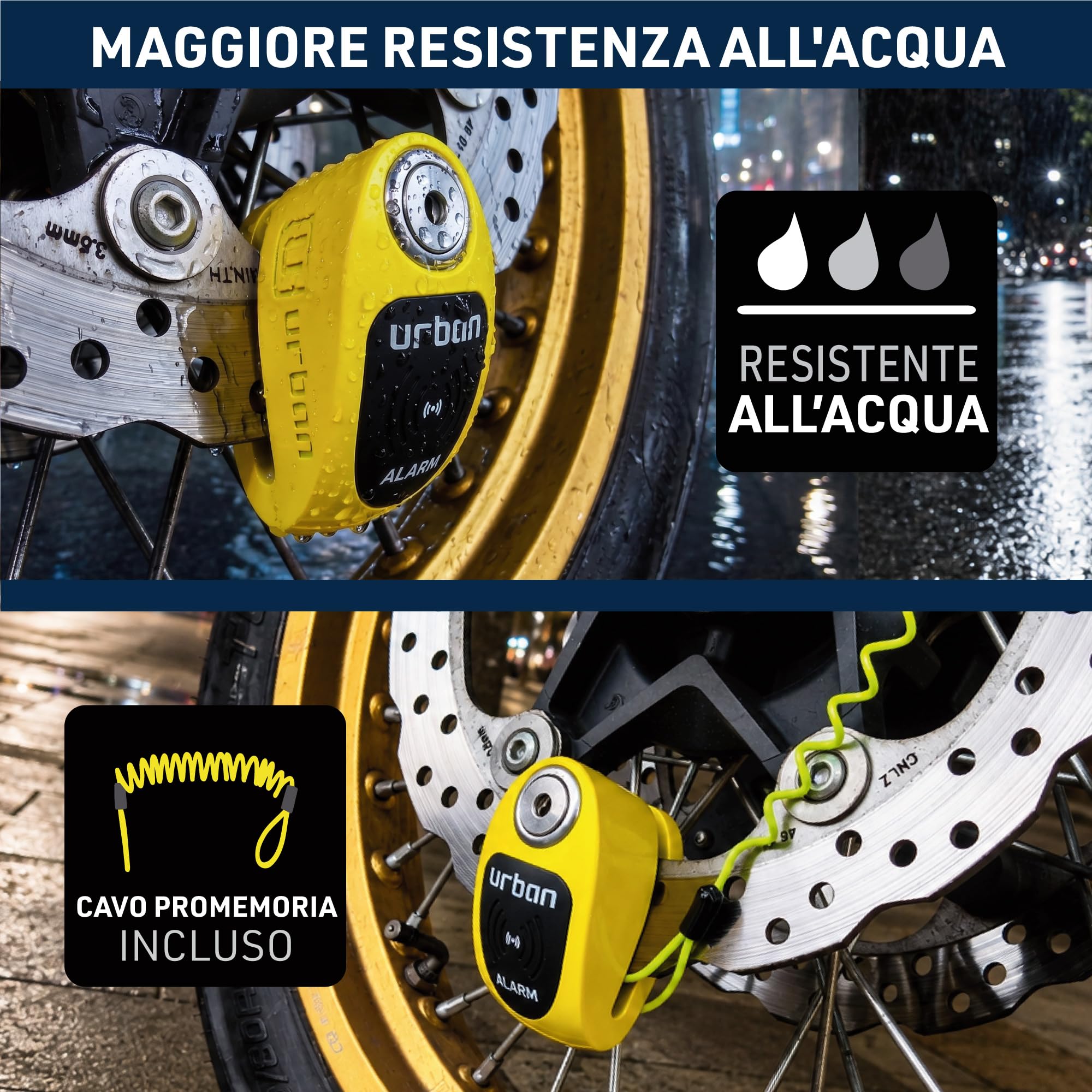 URBAN UR910Y Bloccadisco Moto con Allarme 120 dB, Giallo+Nero in Acciaio Inox Verniciato +Dissuasivo, Omologato SRA e Sold Secure Gold, Doppia Chiusura Ø10 mm, Lucchetto Antifurto Blocca Disco Moto