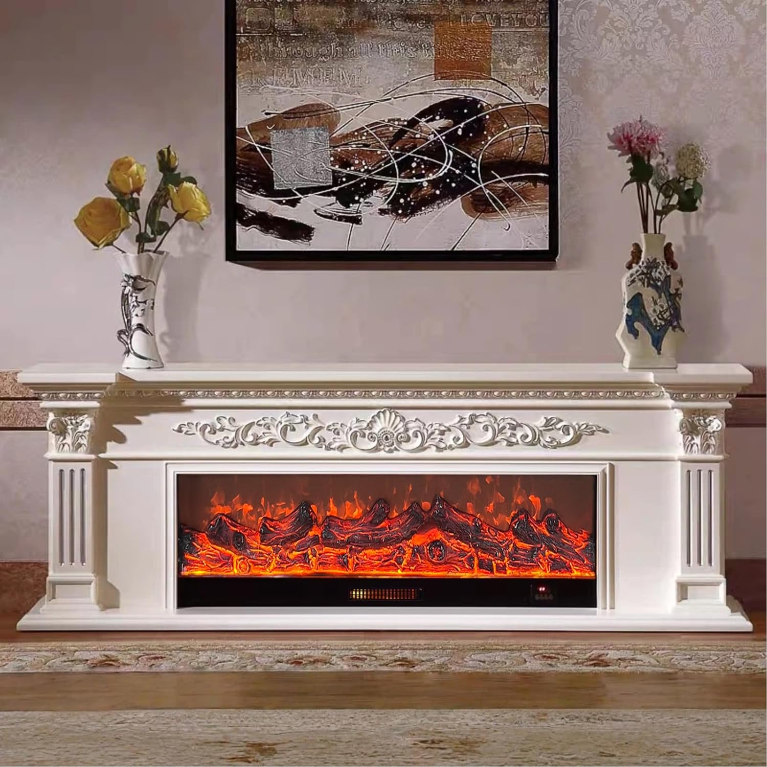 Electric Fireplace - White Electric Fireplace Heater with Mantel Includes Luxury Carving, Freestanding TV Stand with Faux Flame for Living Room (79IN)