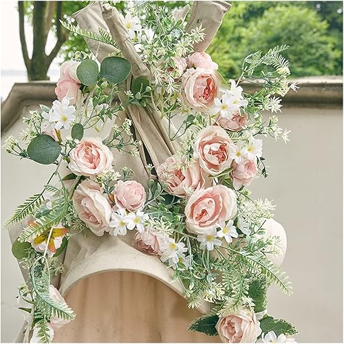 Miniatura 6 de KEZONO Flores artificiales de 5.7ft, guirnalda de flores artificiales de seda, rosas de peonía, plantas de hiedra de eucalipto falsas para boda,