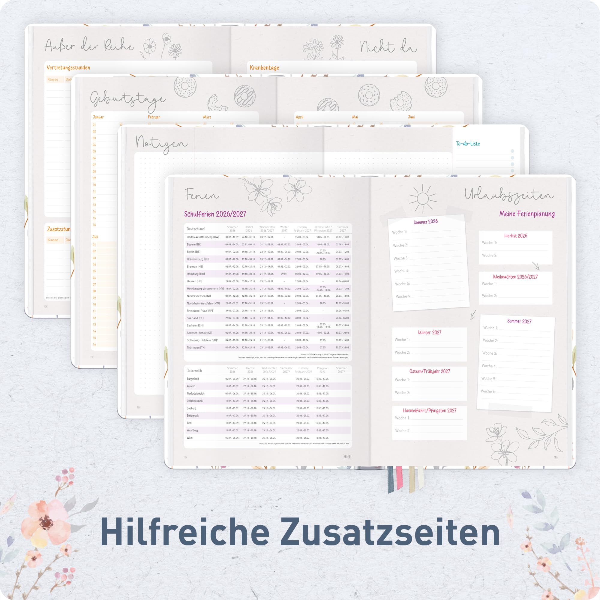 Häfft® Lehrerplaner Grundschule 2026/2027 im A4+ Format Hardcover - Schuljahr 12 Monate (Aug 26 - Jul 27) Lehrerkalender & Unterrichtsplaner für Klasse 1–4 "Sweet Flowers"