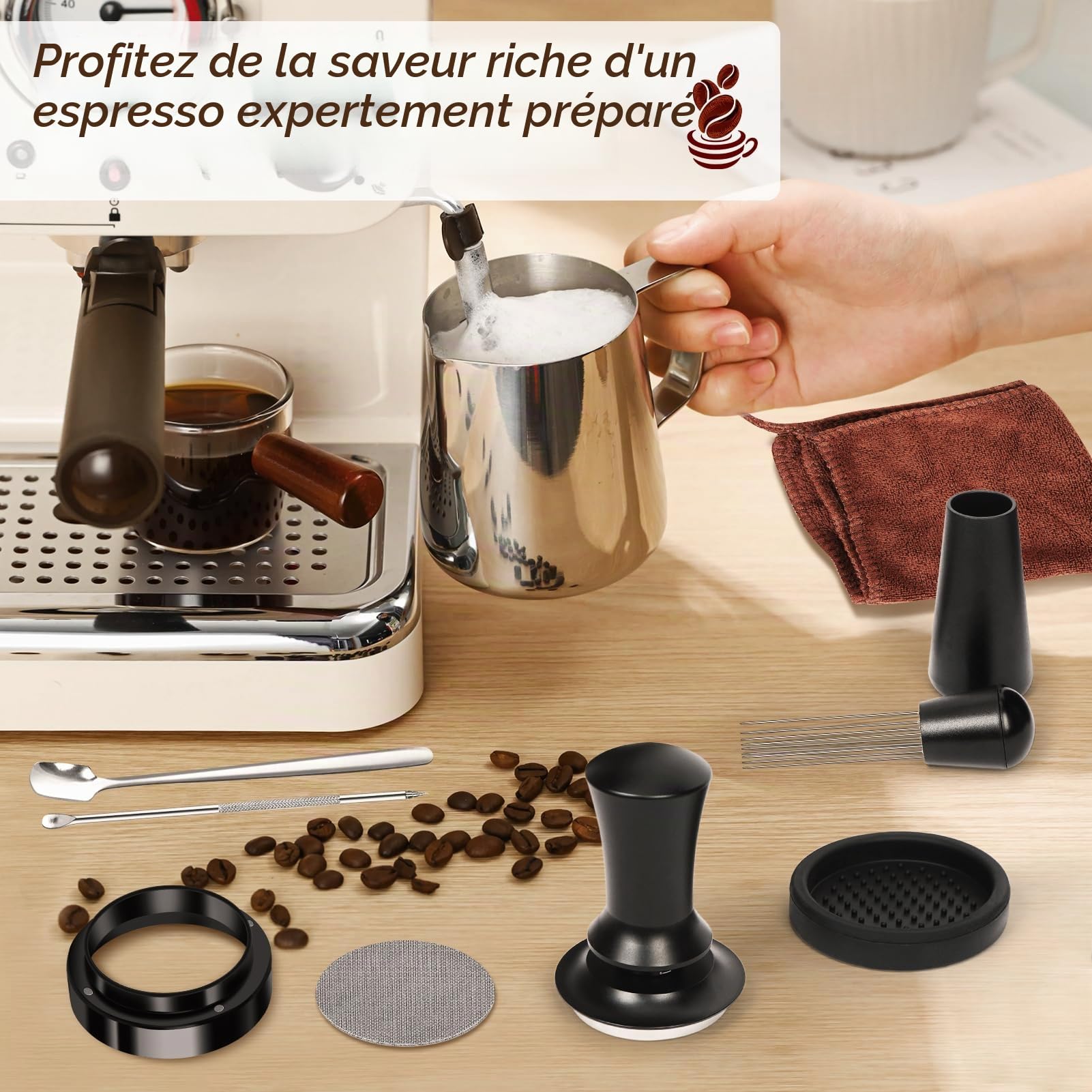 Y-Step Lot de 25 tampons à café 51 mm, accessoires Barista avec bague de dosage 51 mm, écran Puck Screen 51 mm, chiffon Barista, outil WDT, mélangeur à café, tapis de tamper, latte art, pot à