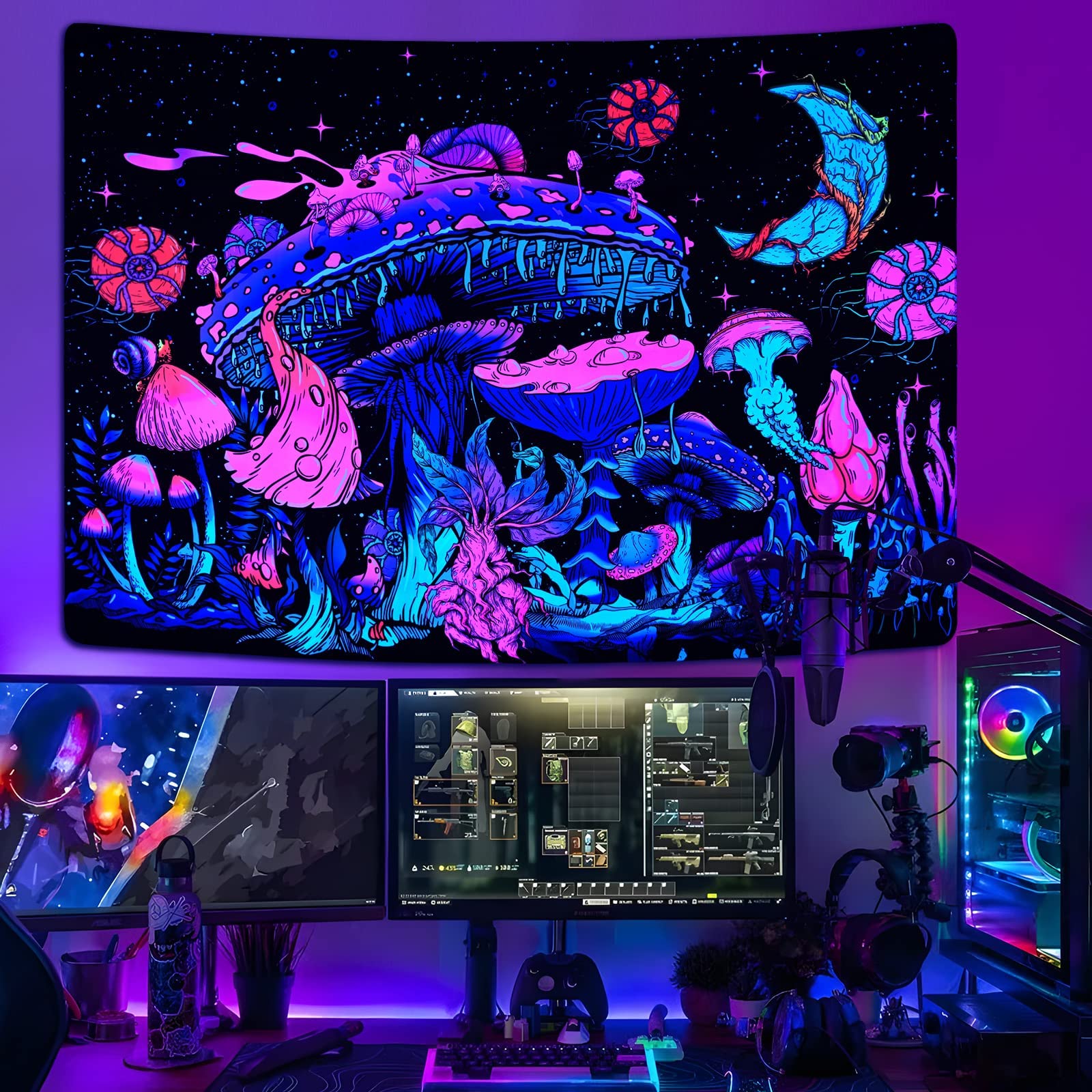 Blacklight - Arazzo con funghi e foresta con farfalle, per camera da letto, fantasia, elfa, fata, reattivo, UV, decorazione da parete, per soggiorno