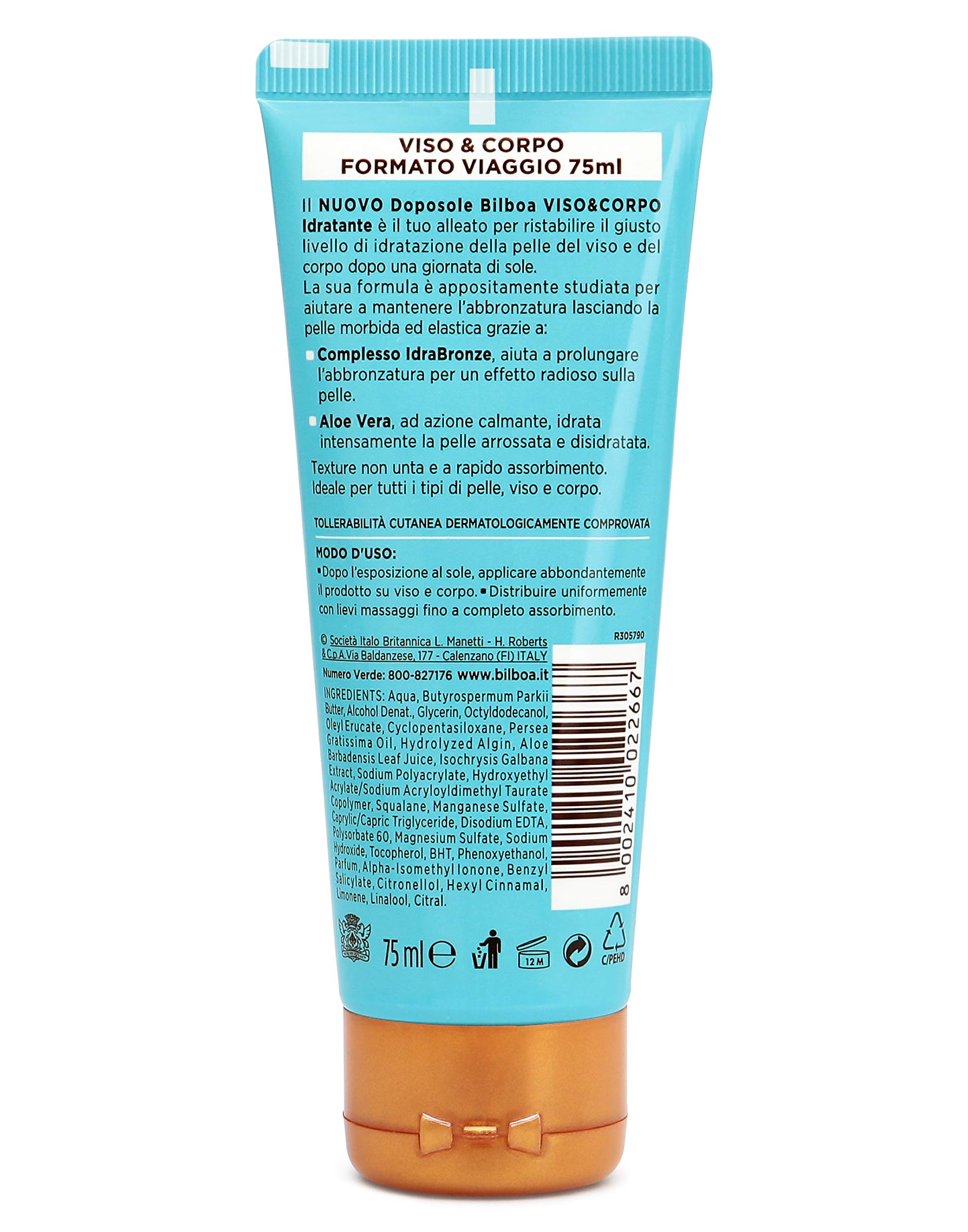 Bilboa, Viso&Corpo, Crema Doposole Viso e Corpo Idratante - Doposole Travel Size con Azione Idratante con IdraBronze e Aloe Vera - Dermatologicamente Testato - Formato da Viaggio da 75 ml