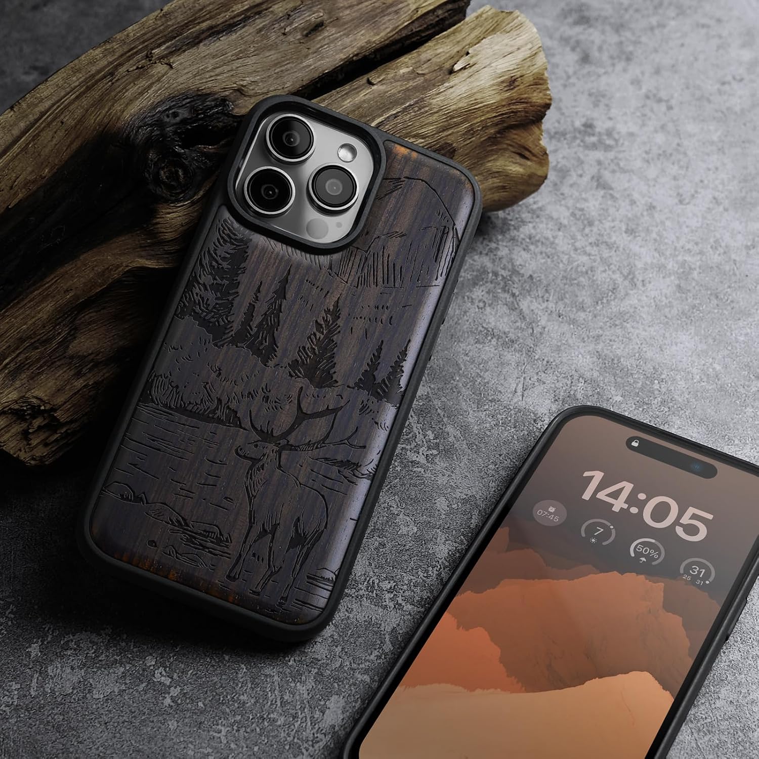 Carveit Magnetic Wooden Case for Phone 16 Pro Case, Wood Artisan Engraved & Black Soft TPU Shockproof Cover, Compatible with MagSafe Wireless Chargers, (Mountains and Deer) Blackwood